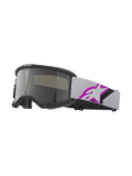 Alpinestars Vision 5 Corp Brille, Motocross-Schutzbrille, Hellgrau und Lila-Silber verspiegelt, schwarzer Rahmen mit silber verspiegelter Scheibe, hellgraues gewebtes Band mit großem lila-schwarzem Stern-Logo, mehrlagiger Gesichtsschaum für eine präzise Passform, professioneller Offroad-Augenschutz