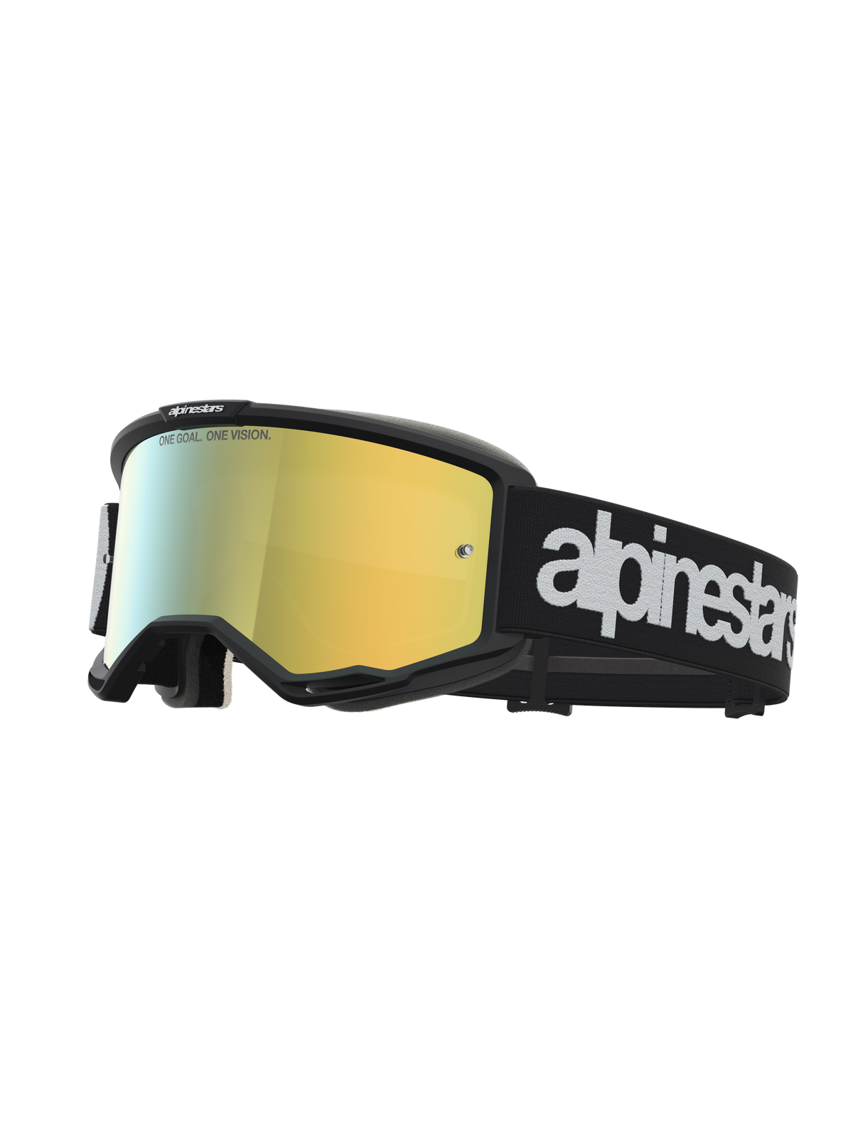 Alpinestars Vision 5 Hone Motocross-Schutzbrille, Schwarz und Gold, A-FLEX-Rahmen mit goldener Spiegelscheibe.