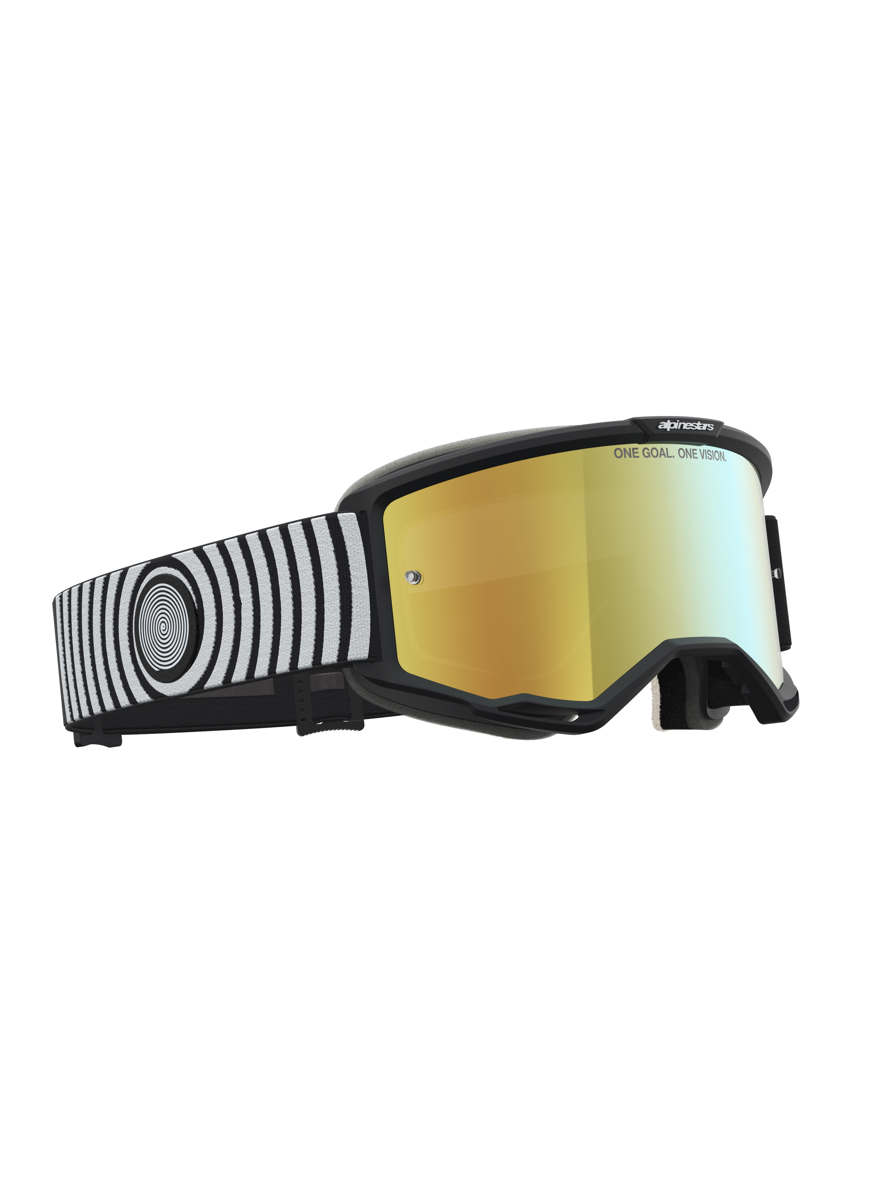 Alpinestars Vision 5 Hone Schutzbrille, Motocross-Goggles, Schwarz und Weiß, goldene Spiegel-Linse und flexibler A-FLEX Rahmen.