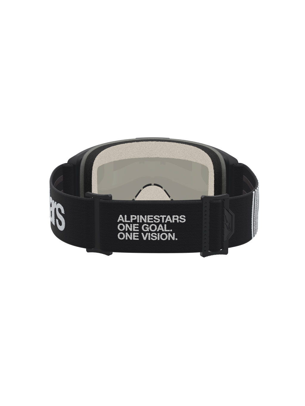 Alpinestars Vision 5 Hone Motocross-Schutzbrille, Schwarz-Weiß, Band mit One Goal One Vision Schriftzug und Schaumstoff.
