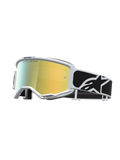 Alpinestars Vision 5 Rora Motocross-Schutzbrille mit weißem Rahmen, gold verspiegelter Scheibe und schwarzem Logo-Band.