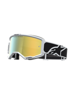 Alpinestars Vision 5 Rora Motocross-Schutzbrille mit weißem Rahmen, gold verspiegelter Scheibe und schwarzem Logo-Band.