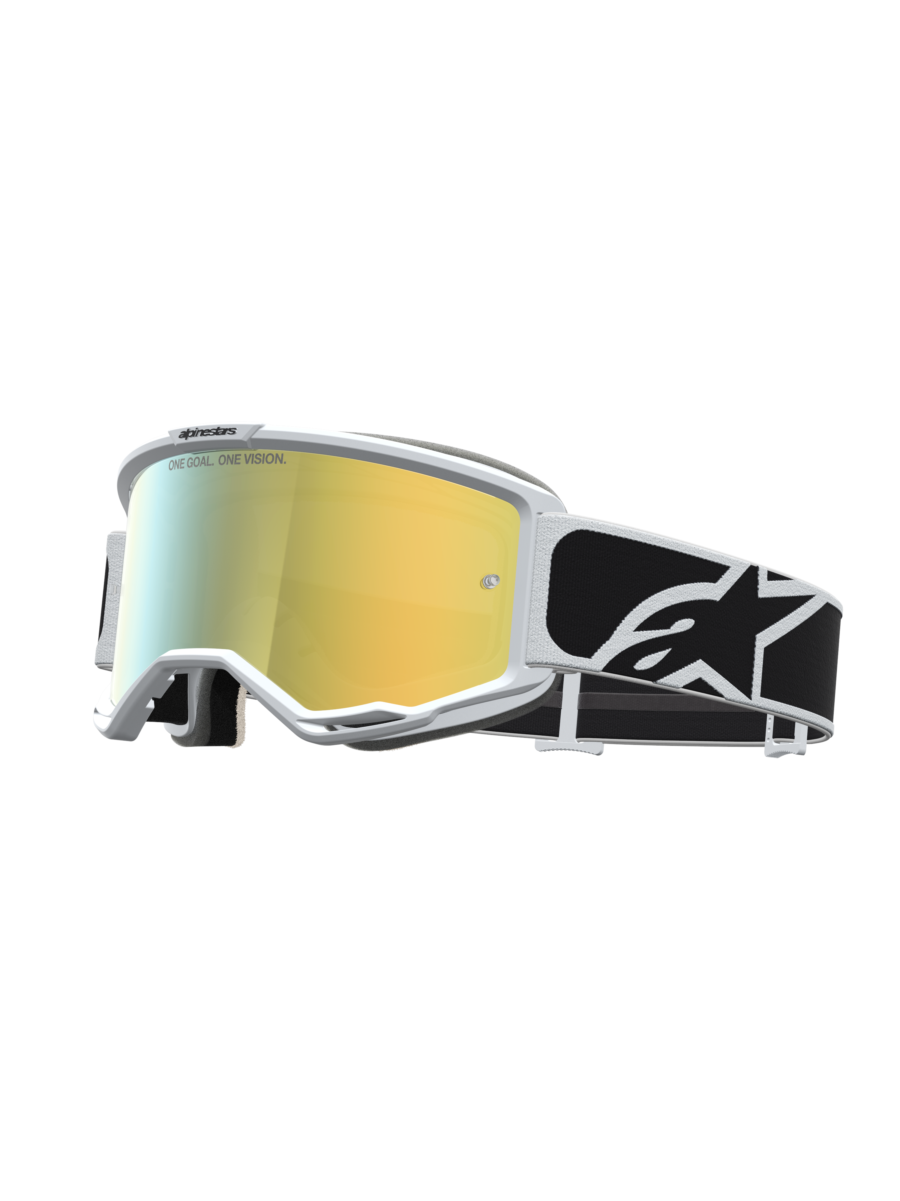 Alpinestars Vision 5 Rora Motocross Goggles feature a white frame, reflective mirror gold lens, and black logo strap.