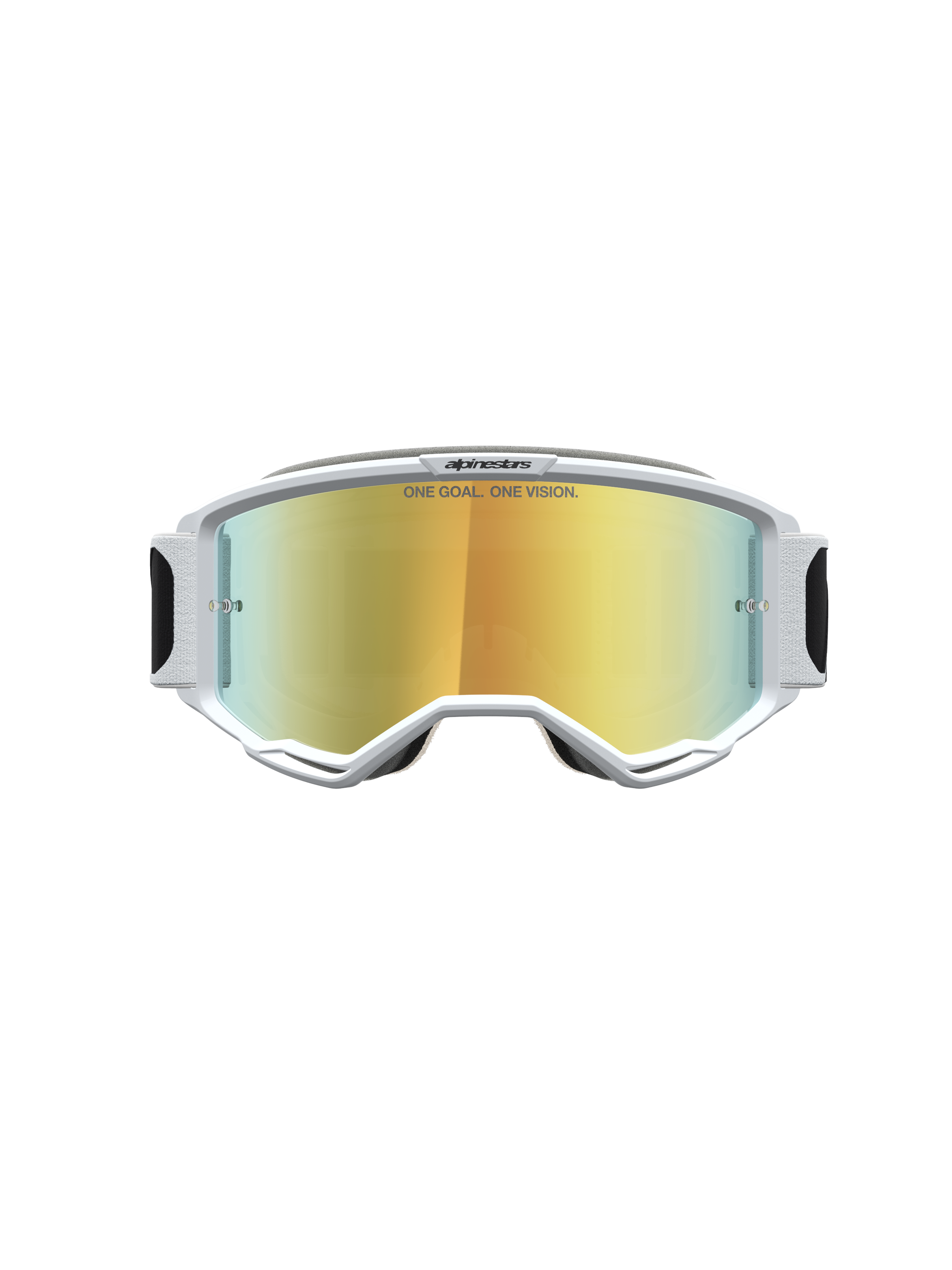 Alpinestars Vision 5 Schutzbrille Rora, Motocross, weißer A-FLEX-Rahmen, goldverspiegelte Scheibe, RAM-AIR-Belüftung.