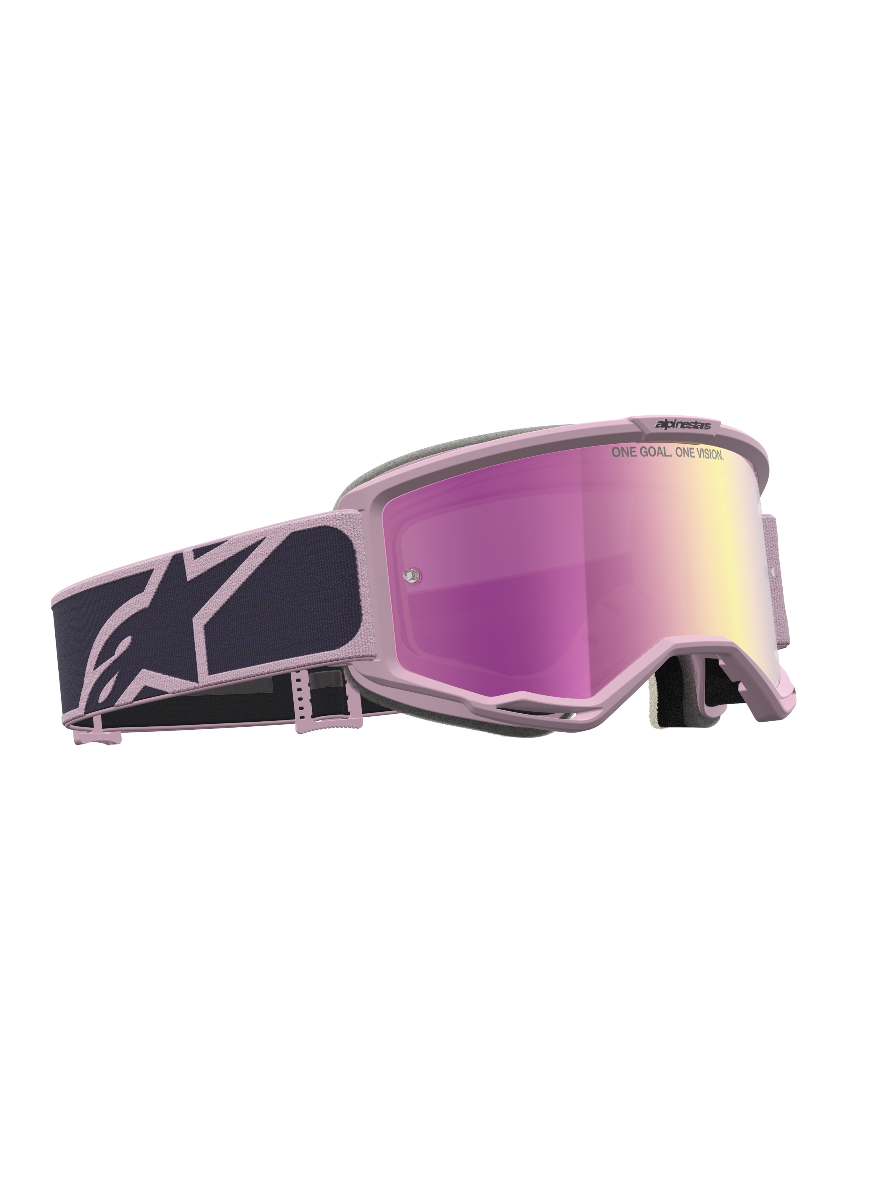 Alpinestars Vision 5 Rora Motocross-Schutzbrille, Grau und Rosa, verspiegelte Scheibe in Pink, RAM-AIR Belüftung, A-FLEX Rahmen.