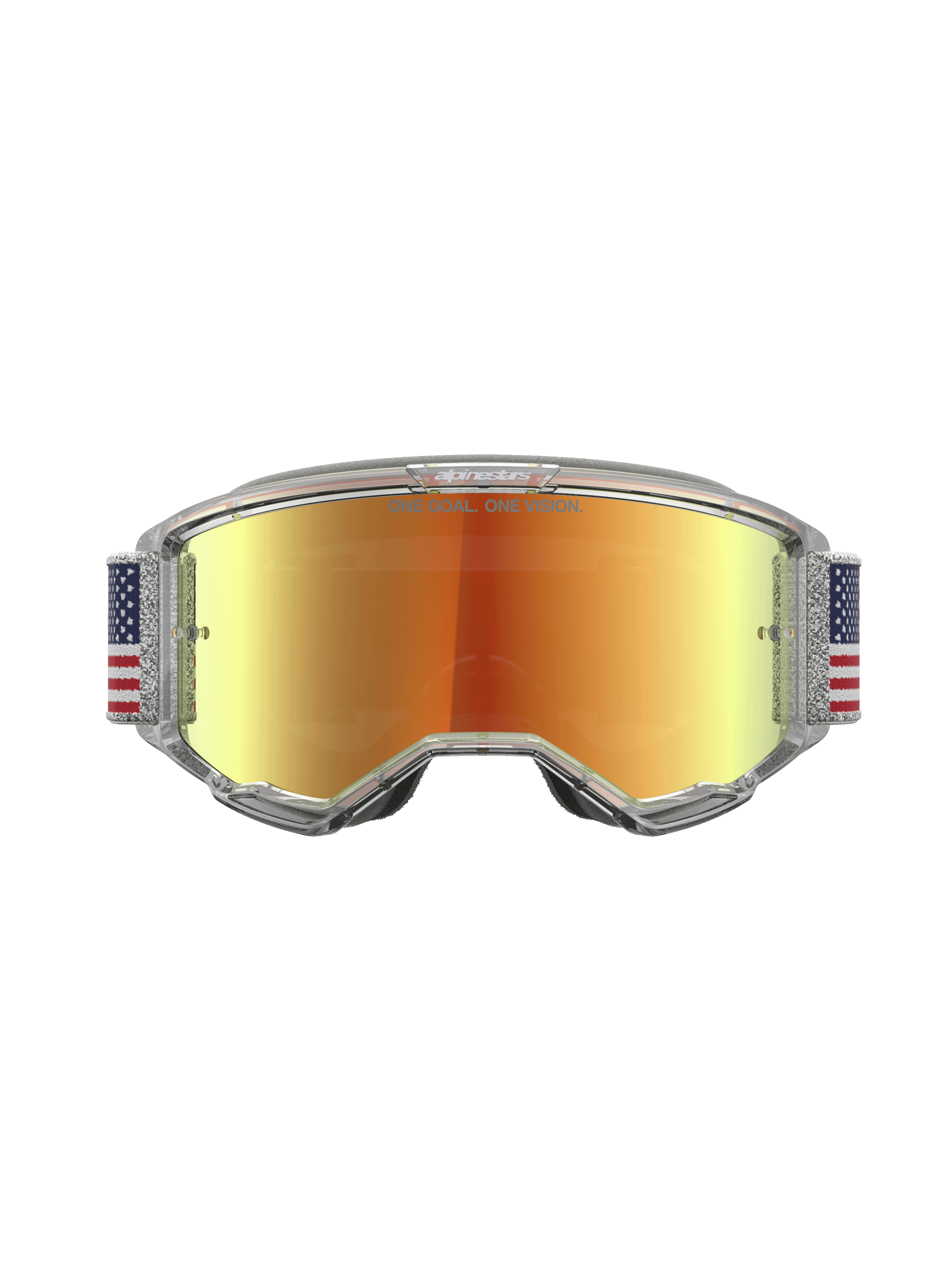 Alpinestars Vision 5 LE Fiftyfold Motocross-Schutzbrille, rote Spiegelgläser, blau-weißes Flaggenband, klarer A-FLEX Rahmen