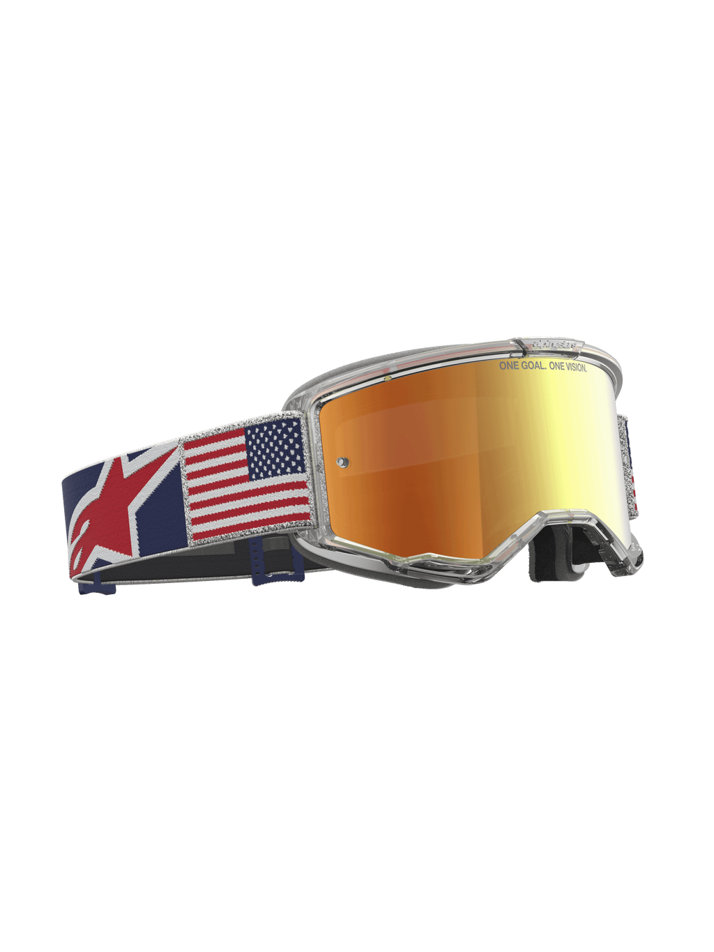 Alpinestars Vision 5 Le Fiftyfold Goggle, Motocross-Brille Limited Edition, Rot verspiegelte Scheibe, Transparenter Rahmen, Brillenband mit US-Flaggen-Design, für Offroad und MX Sport