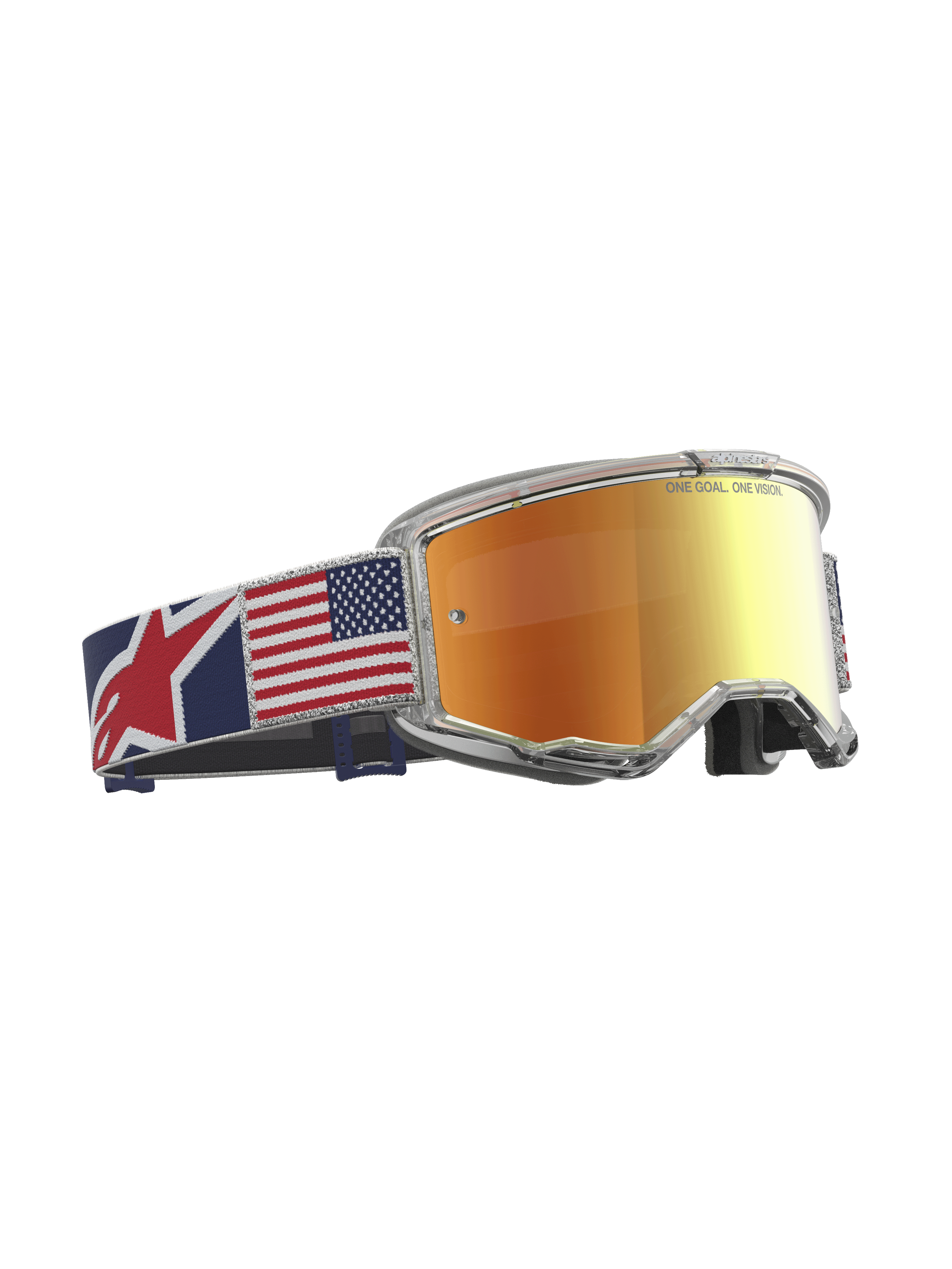 Alpinestars Vision 5 Le Fiftyfold Goggle, Motocross-Brille Limited Edition, Rot verspiegelte Scheibe, Transparenter Rahmen, Brillenband mit US-Flaggen-Design, für Offroad und MX Sport