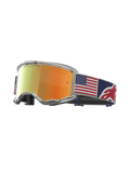 Alpinestars Vision 5 Le Fiftyfold Goggle, Motocross-Schutzbrille, Rot verspiegelt, US-Flaggen-Gurt in Blau, Rot und Weiß.