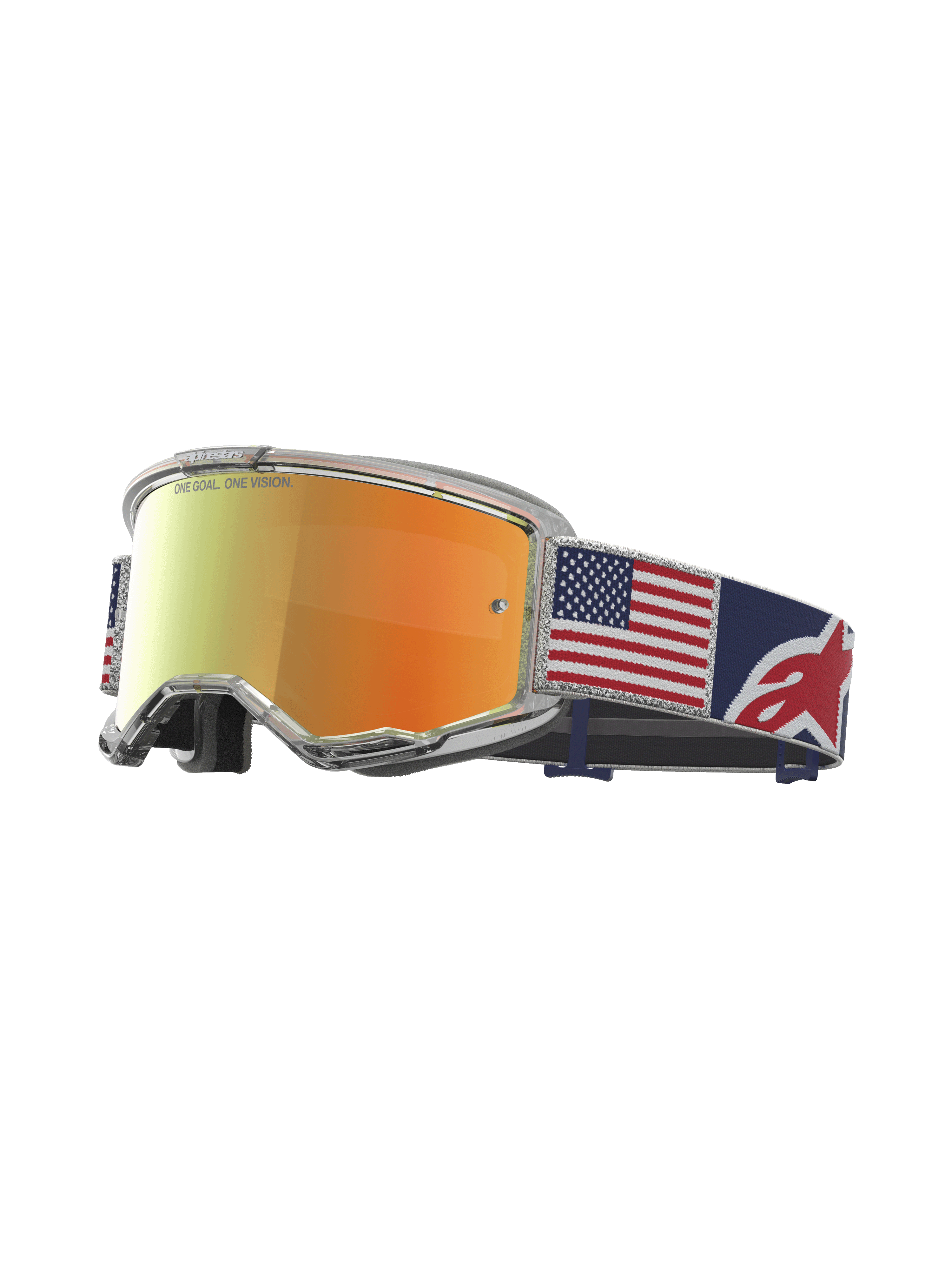 Alpinestars Vision 5 Le Fiftyfold Goggle, Motocross-Schutzbrille, Rot verspiegelt, US-Flaggen-Gurt in Blau, Rot und Weiß.