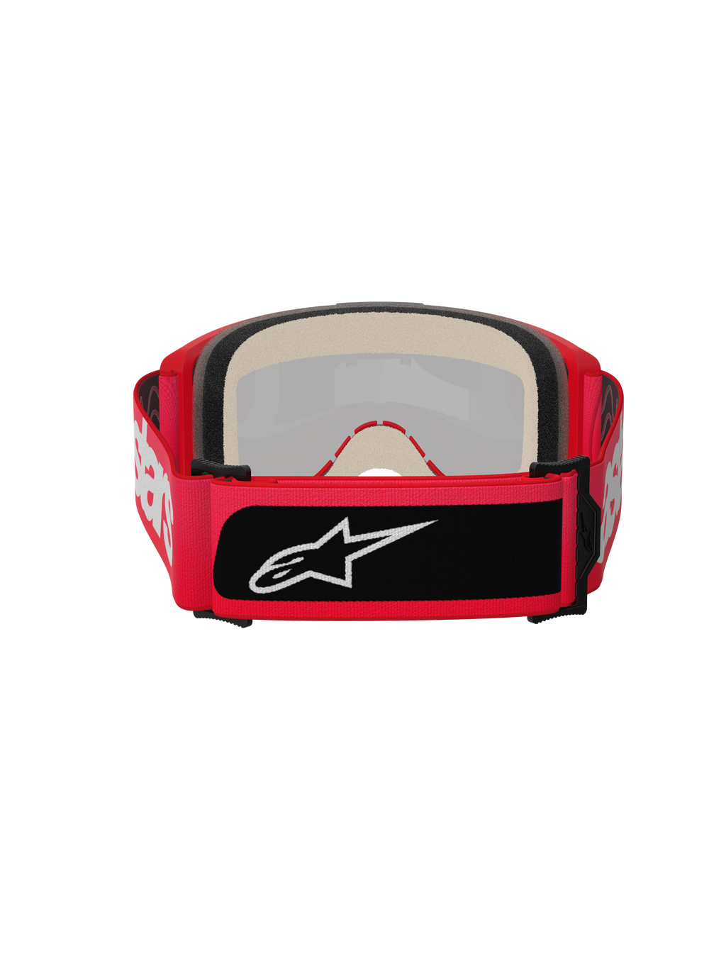 Alpinestars Vision 5 Blaze Goggles, Motocross-Brille, Rot, Rückansicht mit dickem, mehrschichtigem Gesichtsschaum und einem breiten, verstellbaren Band mit weißem Alpinestars-Schriftzug und einem schwarzen Logo-Patch