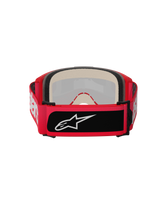 Alpinestars Vision 5 Blaze Goggles, Motocross-Brille, Rot, Rückansicht mit dickem, mehrschichtigem Gesichtsschaum und einem breiten, verstellbaren Band mit weißem Alpinestars-Schriftzug und einem schwarzen Logo-Patch