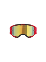 Alpinestars Vision 5 Blaze Goggles, Motocross-Brille, roter Rahmen mit gold-verspiegeltem Glas, verfügt über den Schriftzug „ONE GOAL. ONE VISION.“ auf dem Glas, rotes elastisches Band mit weißem Logo, professioneller Motocross-Augenschutz