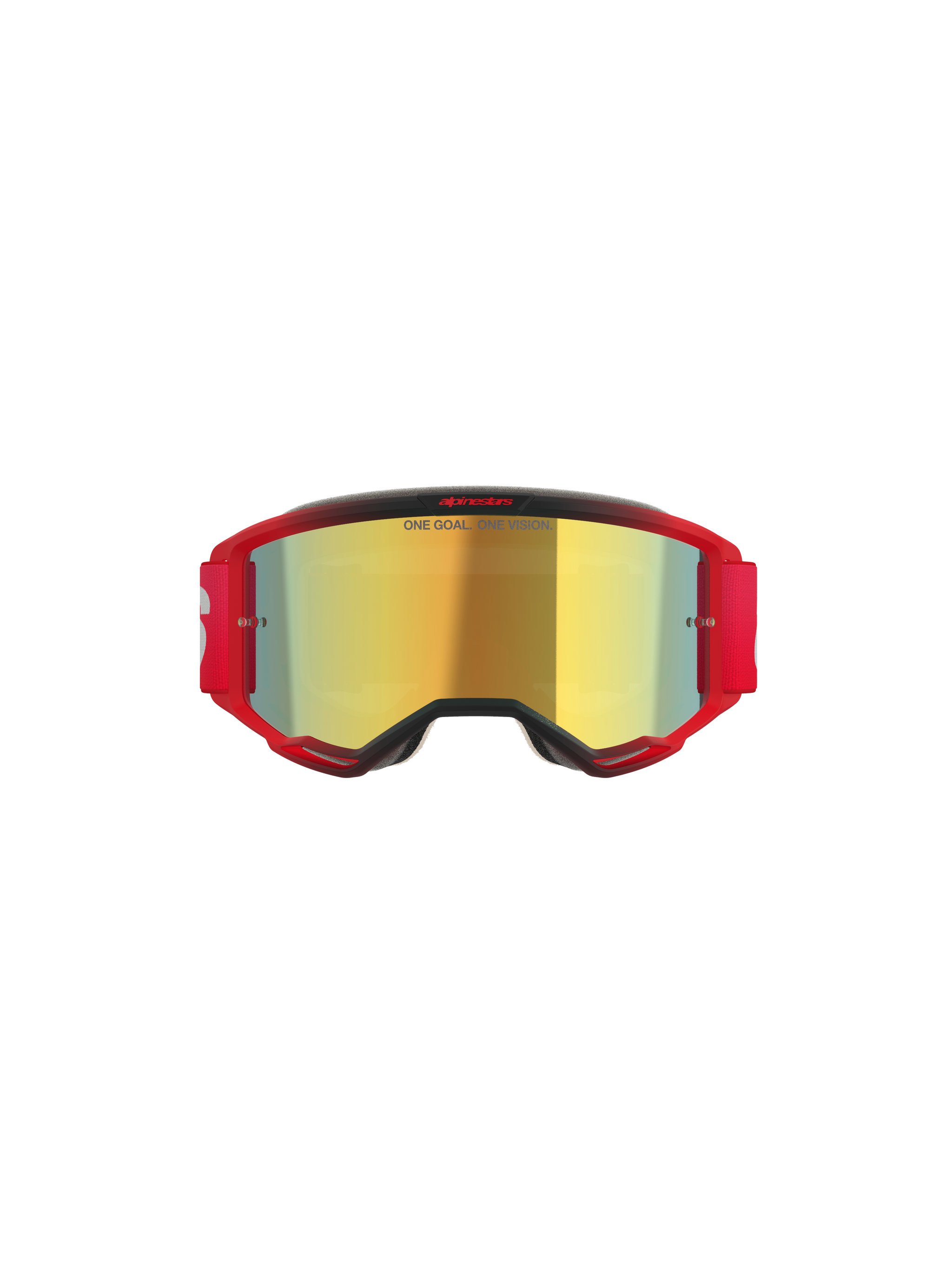 Alpinestars Vision 5 Blaze Goggles, Motocross-Brille, roter Rahmen mit gold-verspiegeltem Glas, verfügt über den Schriftzug „ONE GOAL. ONE VISION.“ auf dem Glas, rotes elastisches Band mit weißem Logo, professioneller Motocross-Augenschutz