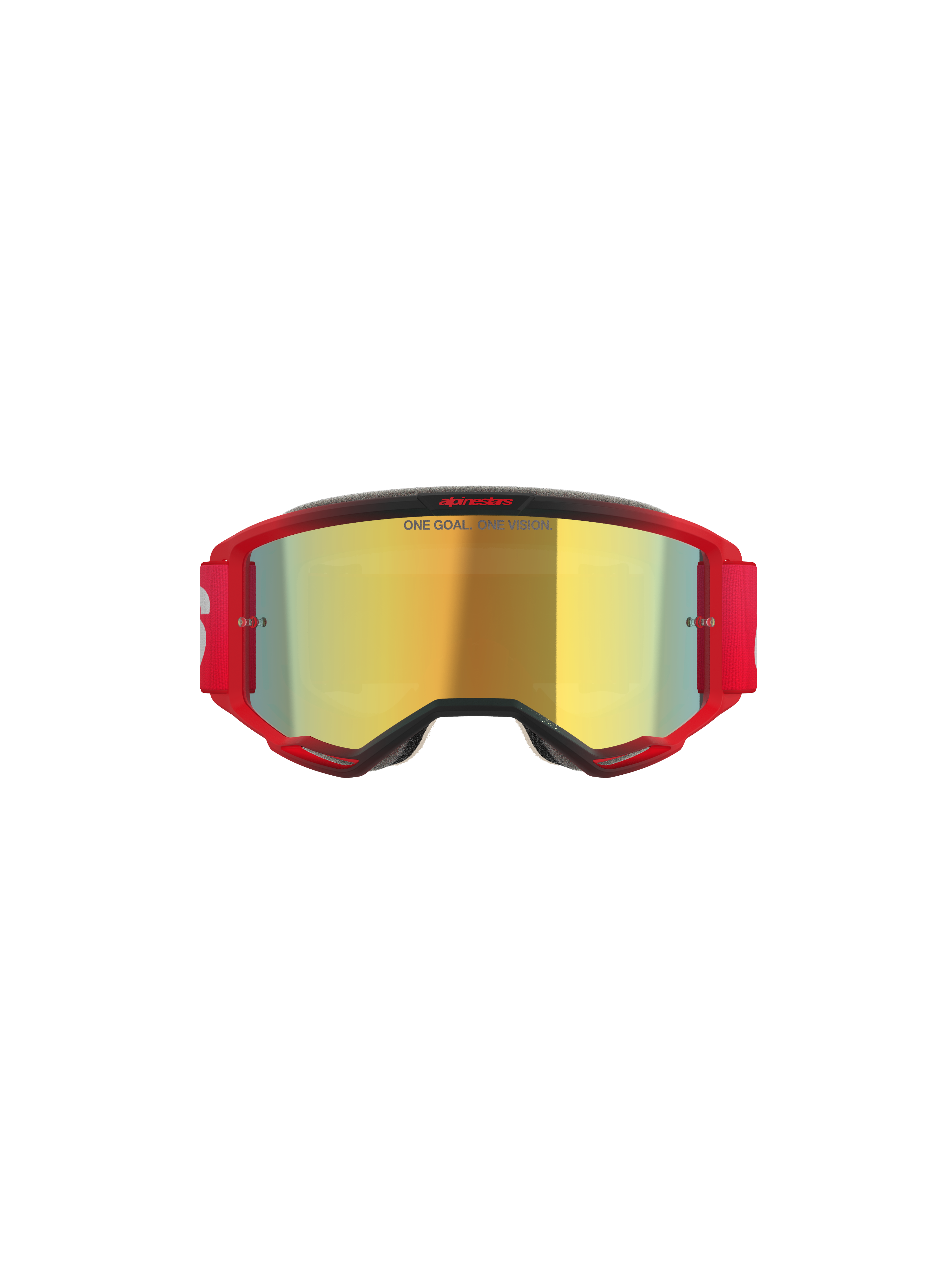 Alpinestars Vision 5 Blaze Goggles, Motocross-Brille, roter Rahmen mit gold-verspiegeltem Glas, verfügt über den Schriftzug „ONE GOAL. ONE VISION.“ auf dem Glas, rotes elastisches Band mit weißem Logo, professioneller Motocross-Augenschutz