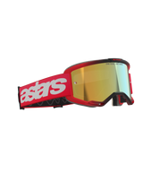 Alpinestars Vision 5 Blaze Goggles, Motocross-Brille, Rot mit goldverspiegelter Linse, rotes gewebtes Band mit großem weißem Astars-Logo und 'ONE GOAL. ONE VISION.' Schriftzug auf der Linse, hochleistungsfähiger Augenschutz für den Offroad-Rennsport