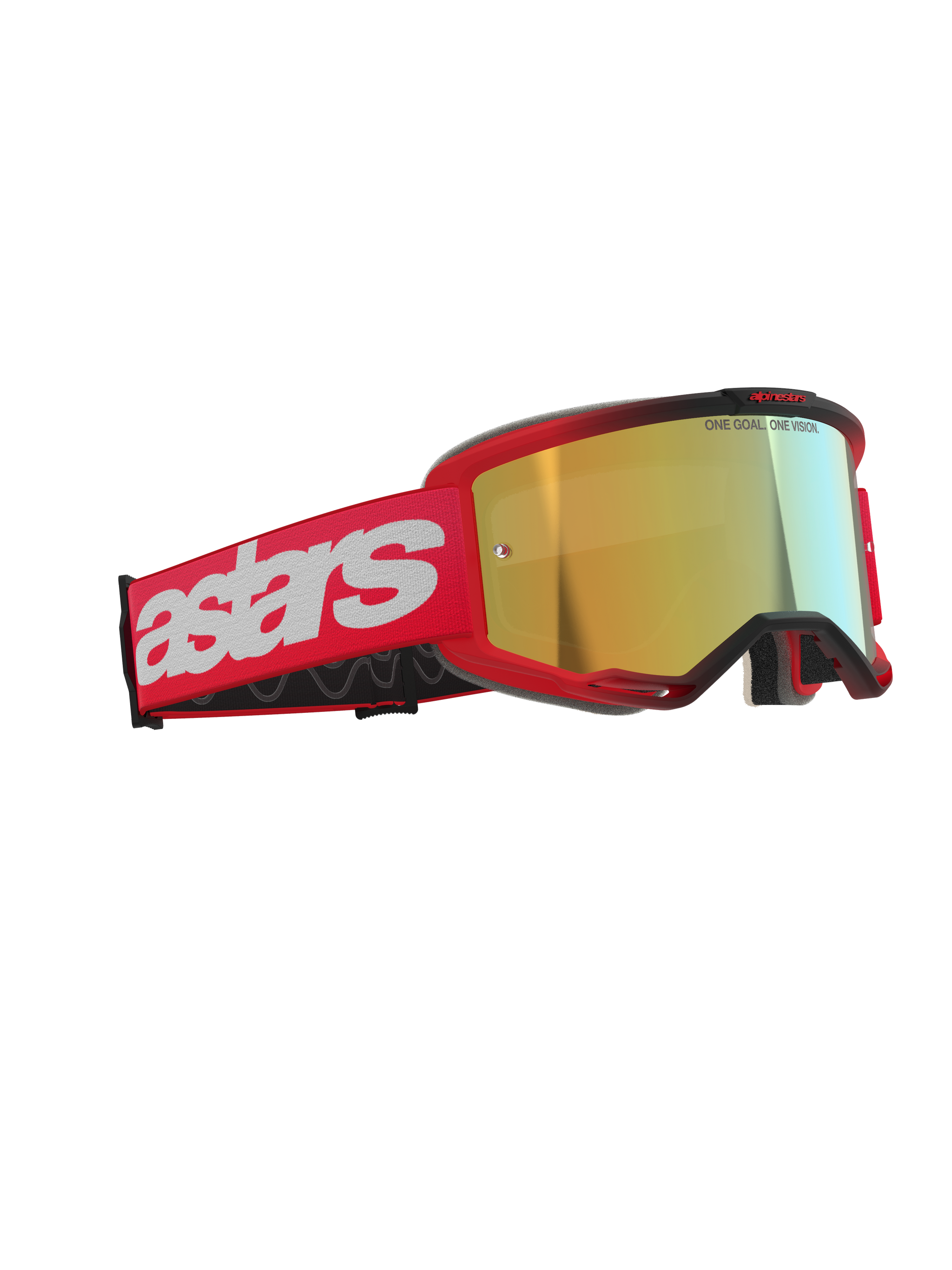 Alpinestars Vision 5 Blaze Goggles, Motocross-Brille, Rot mit goldverspiegelter Linse, rotes gewebtes Band mit großem weißem Astars-Logo und 'ONE GOAL. ONE VISION.' Schriftzug auf der Linse, hochleistungsfähiger Augenschutz für den Offroad-Rennsport