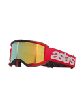 Alpinestars Vision 5 Blaze Goggles, Motocross-Schutzbrille, roter Rahmen und Band mit Mirror Gold Glas, weißes Astars-Branding an der Seite, leichter A-FLEX-Rahmen mit mehrlagigem Gesichtsschaum für Offroad-Rennen