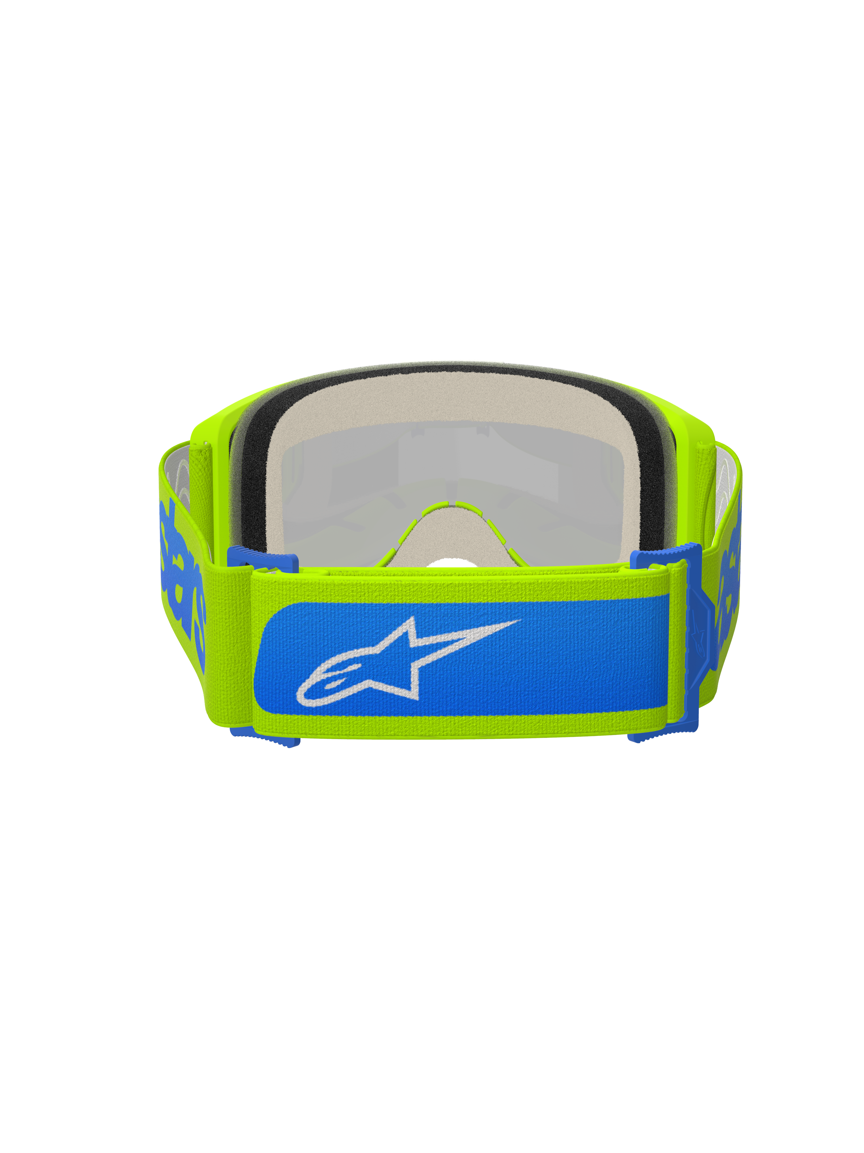 Alpinestars Vision 5 Blaze Goggles, Motocross-Brille, Neongelb und Blau, Rückansicht mit verstellbarem 45 mm gewebtem Band mit blauen Akzenten und weißem Alpinestars-Logo, dicker mehrschichtiger Gesichtsschaumstoff, entwickelt für Offroad-Rennsport