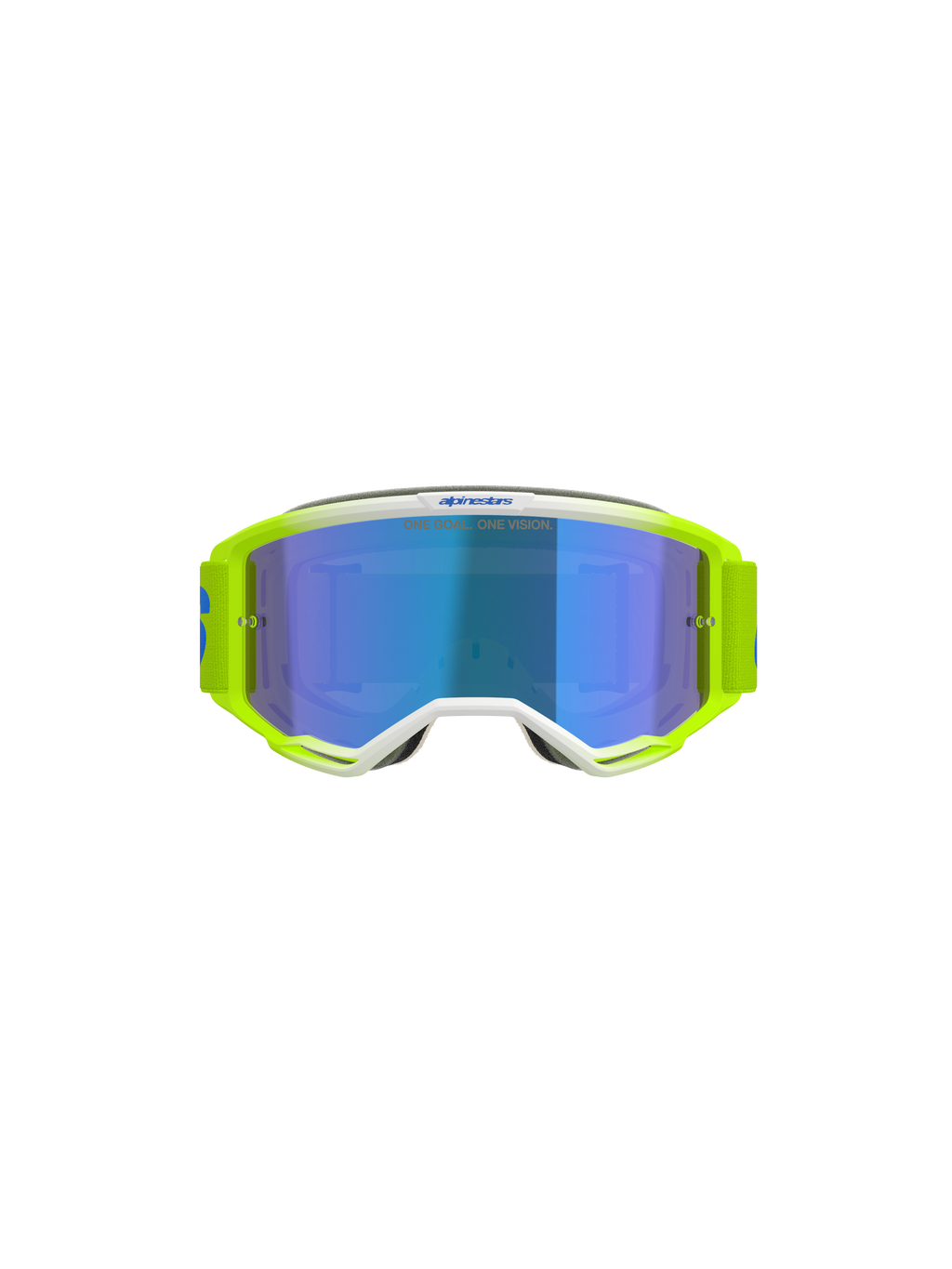 Alpinestars Vision 5 Blaze Brille, Motocross-Brille, Fluorgelb und Blau mit blau verspiegelter Scheibe, weißen Rahmen-Details und einem breiten, verstellbaren Band mit Alpinestars-Branding, professioneller Augenschutz für Offroad- und Motocross-Rennsport