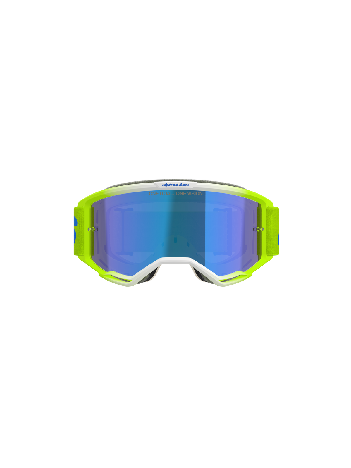 Alpinestars Vision 5 Blaze Brille, Motocross-Brille, Fluorgelb und Blau mit blau verspiegelter Scheibe, weißen Rahmen-Details und einem breiten, verstellbaren Band mit Alpinestars-Branding, professioneller Augenschutz für Offroad- und Motocross-Rennsport