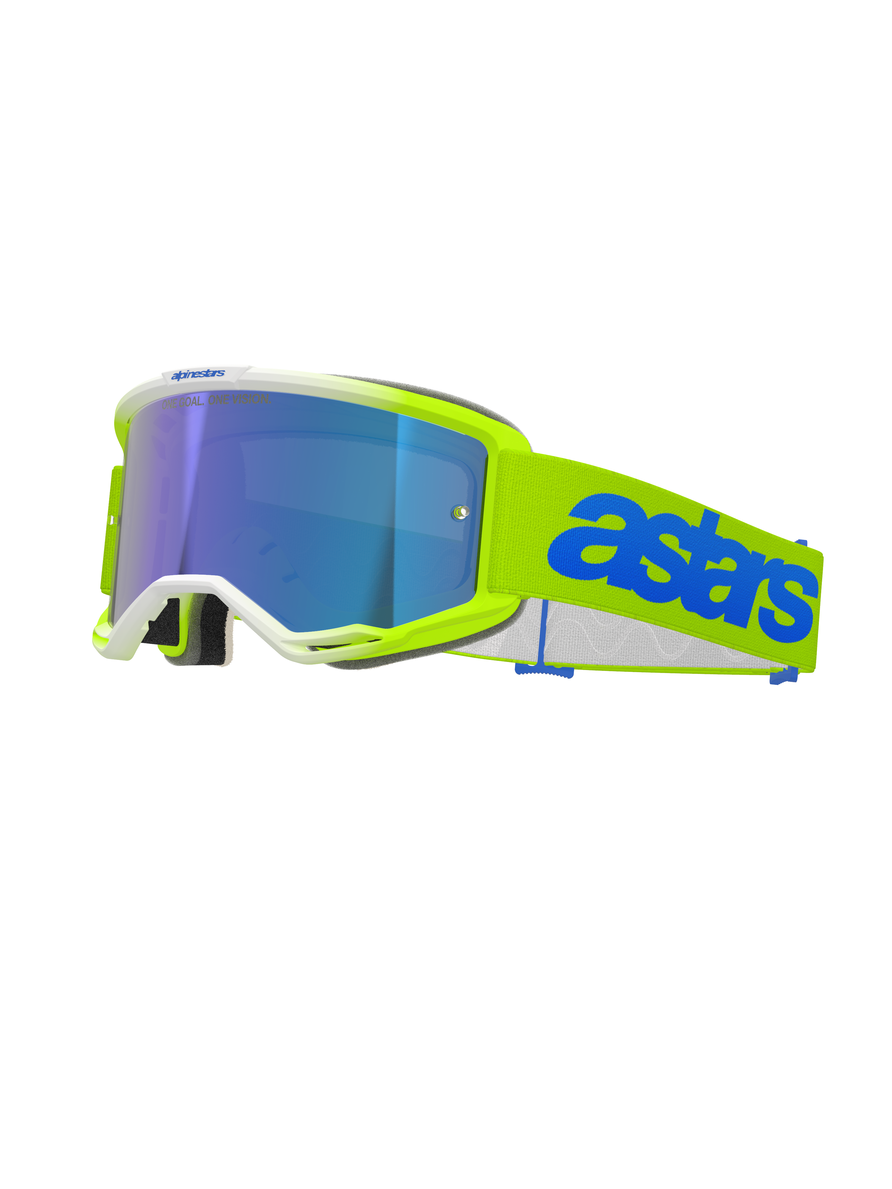 Alpinestars Vision 5 Blaze Goggles, Motocross-Brille, Neongelb und Blau, mit blau verspiegelter Scheibe, neongelber Rahmen mit weißem Rand, verstellbares Band mit markantem blauem Astars-Branding, Hochleistungs-Augenschutz für den Offroad-Rennsport