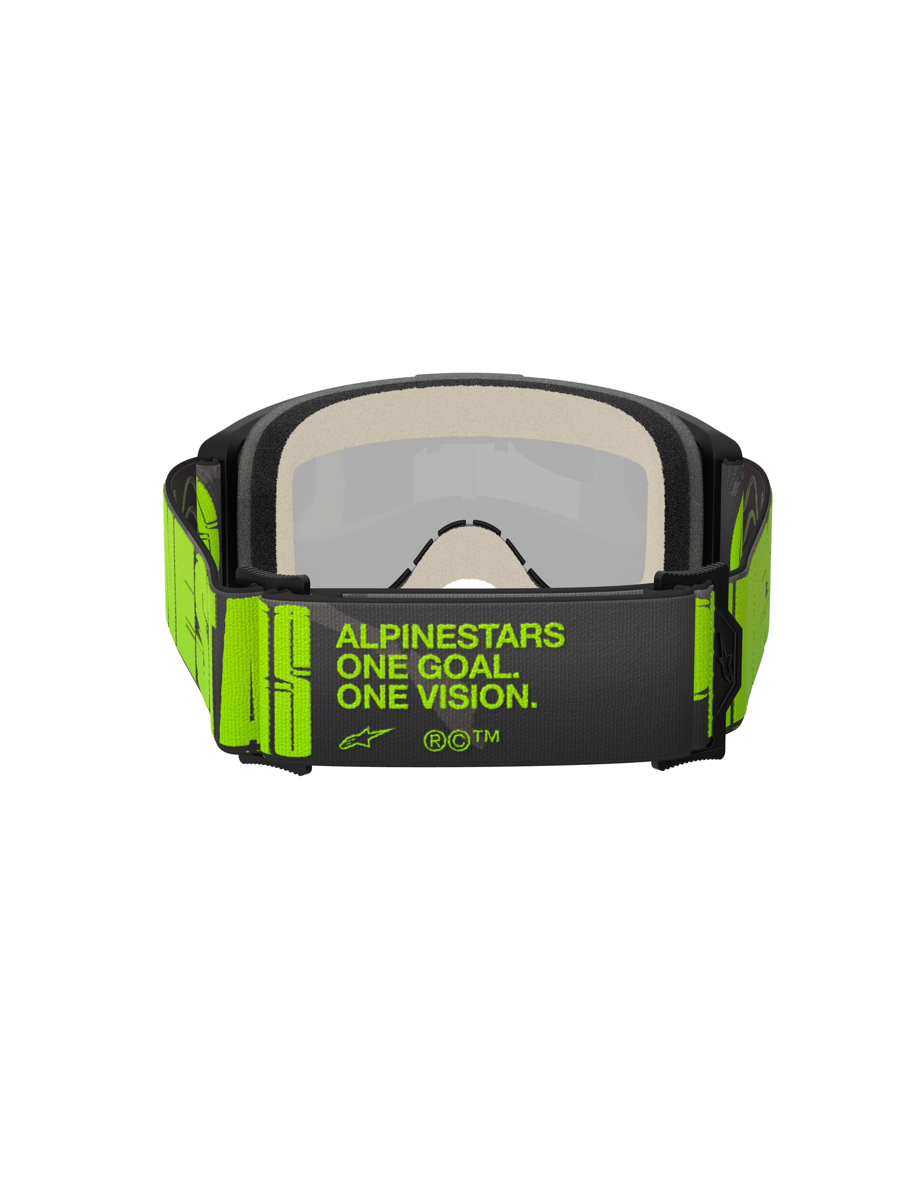 Alpinestars Vision 5 Hollow Goggles, Motocross Goggles, Charcoal and Yellow Fluo, rear view showing wide woven strap with 'ALPINESTARS ONE GOAL. ONE VISION.' branding, multi-layer face foam, designed for off-road racing