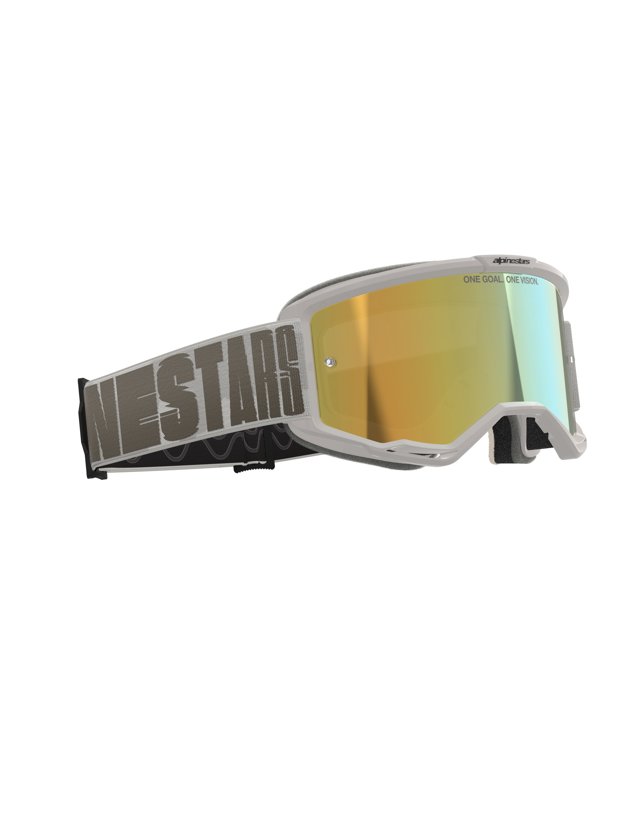Alpinestars Vision 5 Hollow Goggles, Motocross-Brille, weißer Rahmen mit Wind Mirror Gold verspiegelter Linse, graues gewebtes Band mit markanter Alpinestars-Typografie, „One Goal. One Vision.“ Schriftzug auf dem Glas, professionelle Offroad-Rennbrille