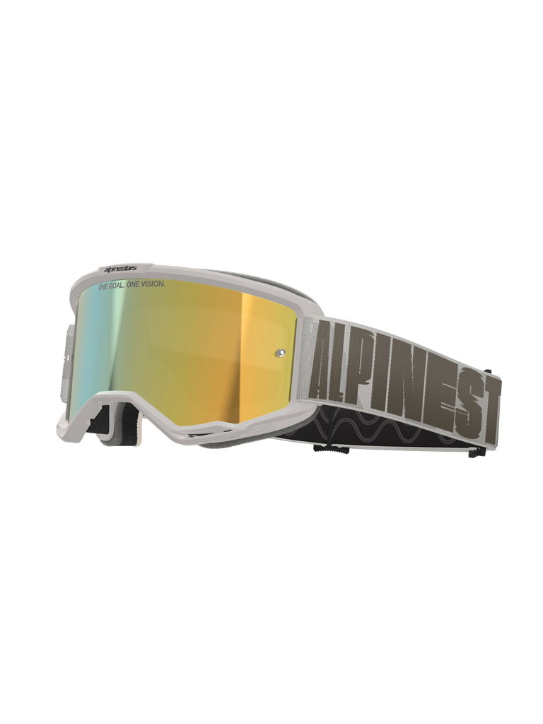 Alpinestars Vision 5 Hollow Goggles, Motocross-Brille, weißer Rahmen mit Wind Mirror Gold Linse, graues gewebtes Band mit markantem Alpinestars-Branding, Hochleistungs-Schutzbrille für den Offroad-Rennsport