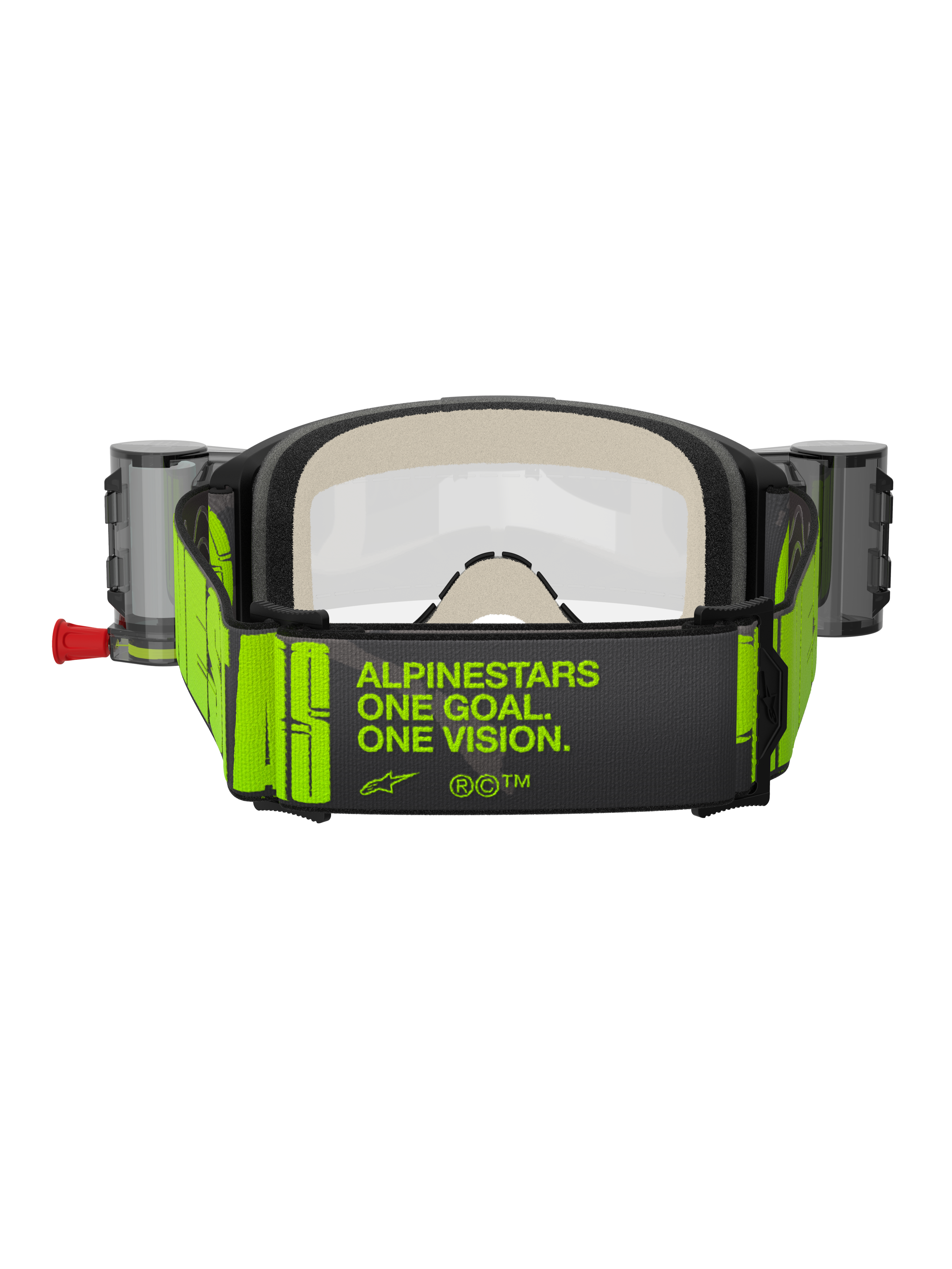 Alpinestars Vision 5 Hollow Goggles Roll Off, Motocross-Schutzbrille, Anthrazit und Neongelb, Rückansicht des breiten gewebten Gurtbands mit dem Slogan „ALPINESTARS ONE GOAL. ONE VISION.“ in Neongelb, dicker mehrschichtiger Gesichtsschaum, Roll-Off-System-Behälter