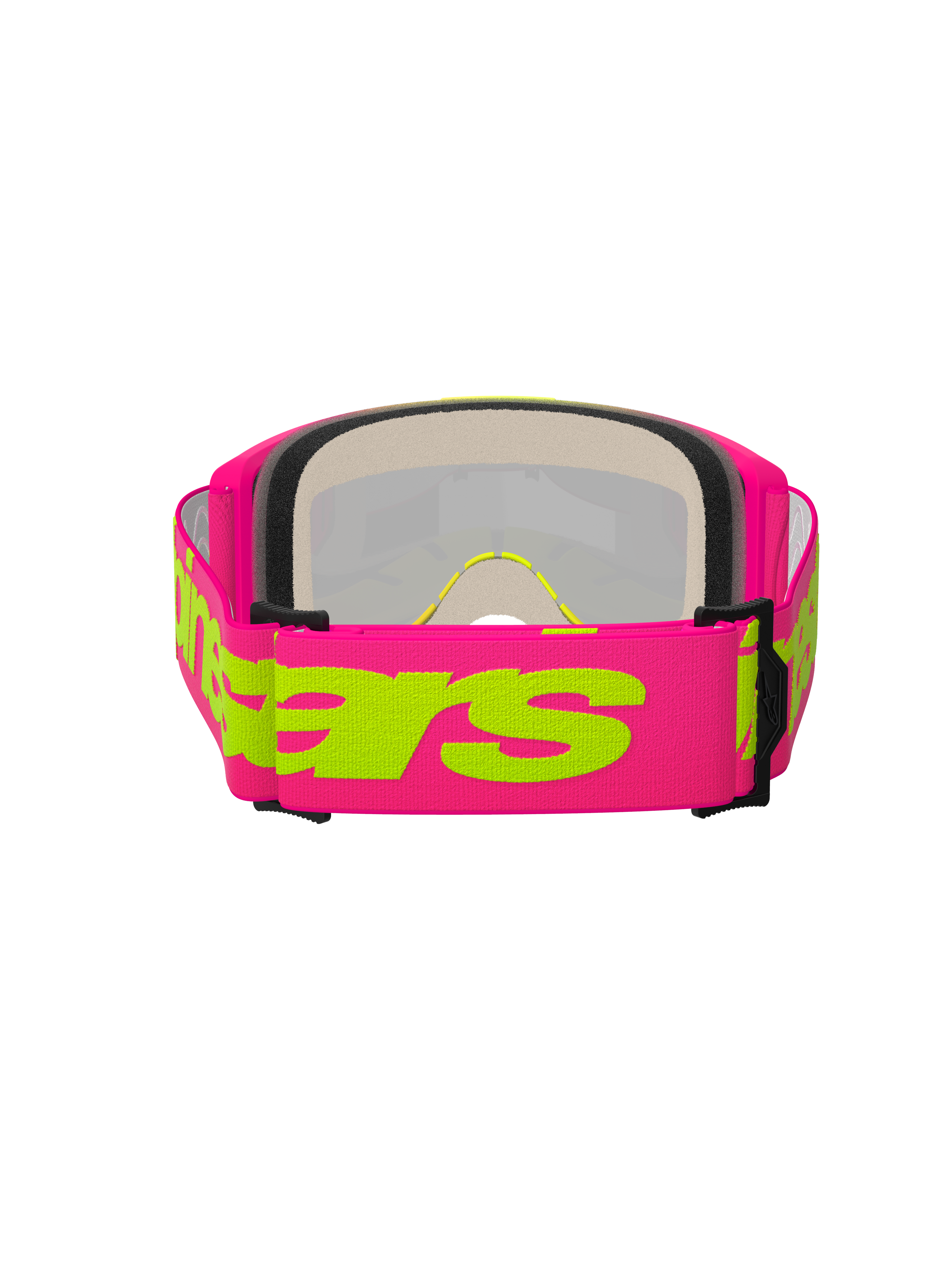 Alpinestars Vision 5 Wordmark Goggles, Motocross-Brille, Pink und Fluo-Gelb, Rückansicht mit Fokus auf das breite, gewebte pinkfarbene Band mit gelbem Alpinestars-Schriftzug, mehrlagiger Gesichtsschaum und leichter Urethan-Rahmen.
