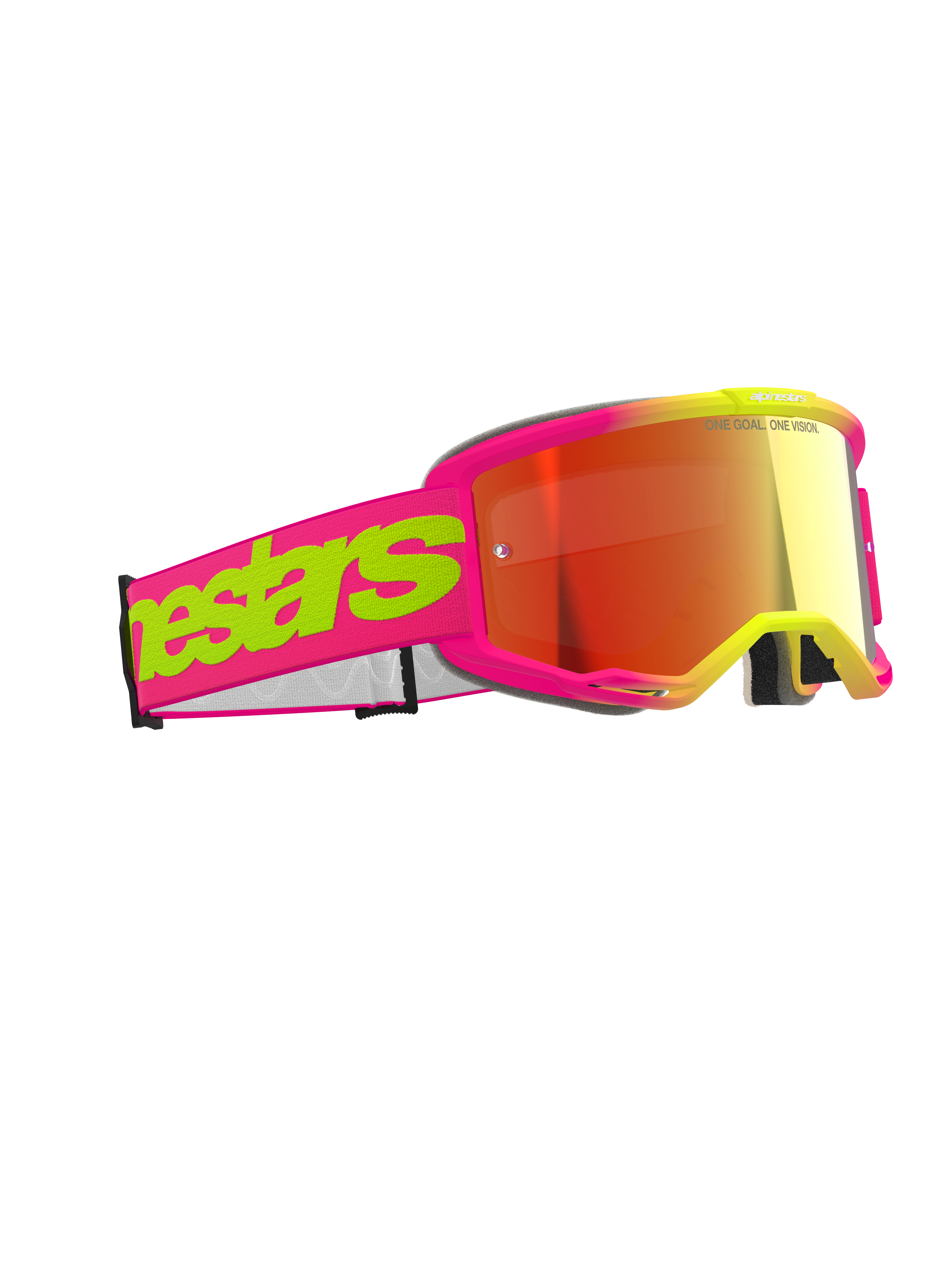 Alpinestars Vision 5 Wordmark Brille, Motocross-Brille, Pink und Fluorgelb mit rot verspiegelter Scheibe, auffälliger Schriftzug auf dem Band, flexibler Rahmen, leistungsstarker Augenschutz für den Offroad-Rennsport