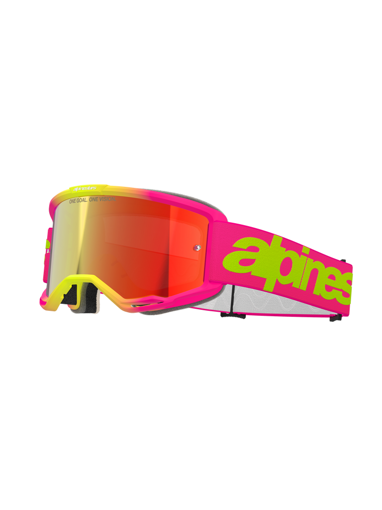 Alpinestars Vision 5 Wordmark Brille, Motocross-Brille, Pink Fluo und Gelb, rote verspiegelte Linse, breites pinkes Band mit markantem limettengrünem Schriftzug, sportliches Design für Offroad-Rennsport