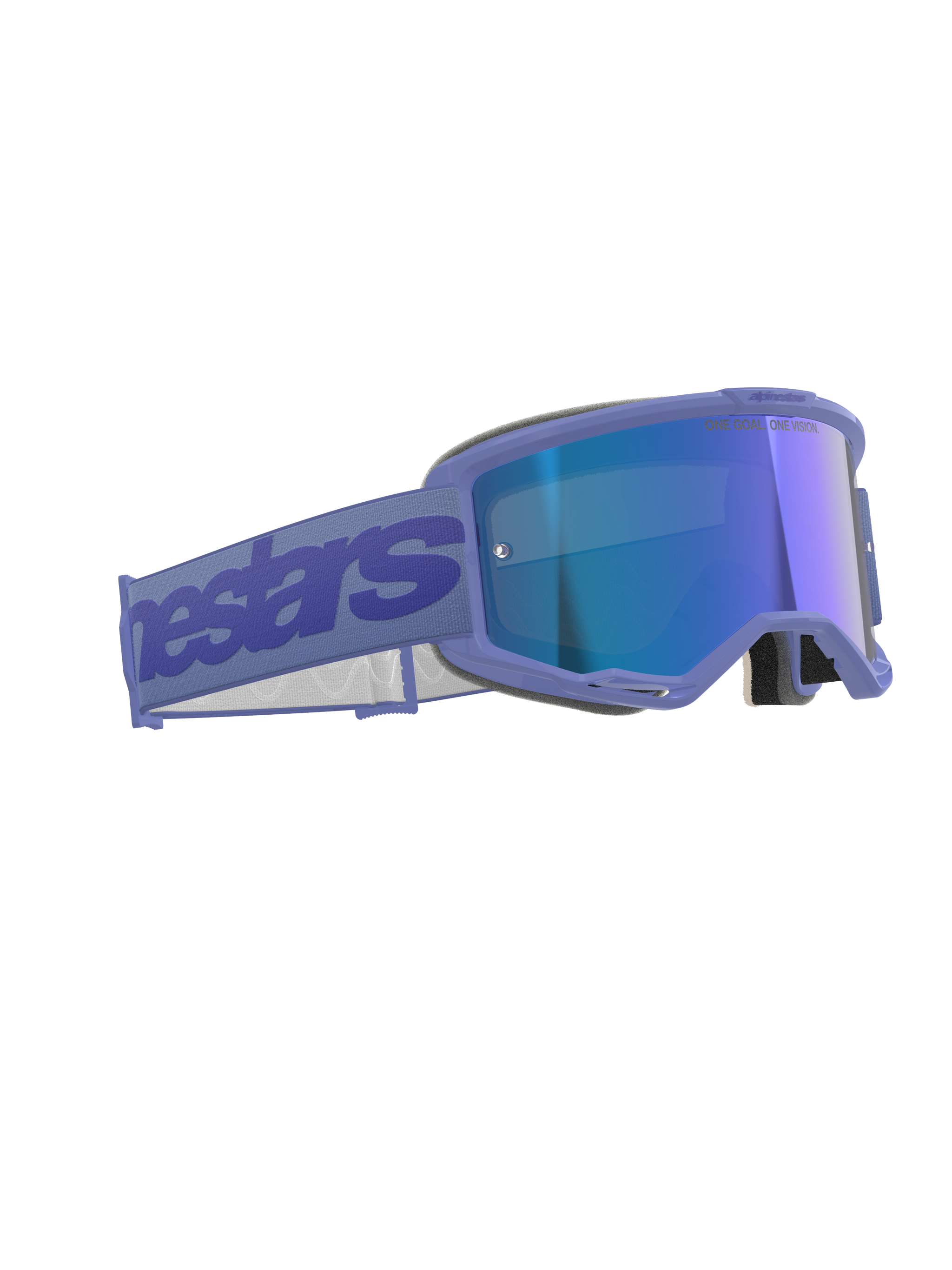Alpinestars Vision 5 Wordmark Goggles, Motocross-Brille, Lila Mirror Blau, mit lila Rahmen und blau verspiegelter Linse, breitem lila Band mit Alpinestars-Branding, ergonomisches Design für Offroad-Rennsport