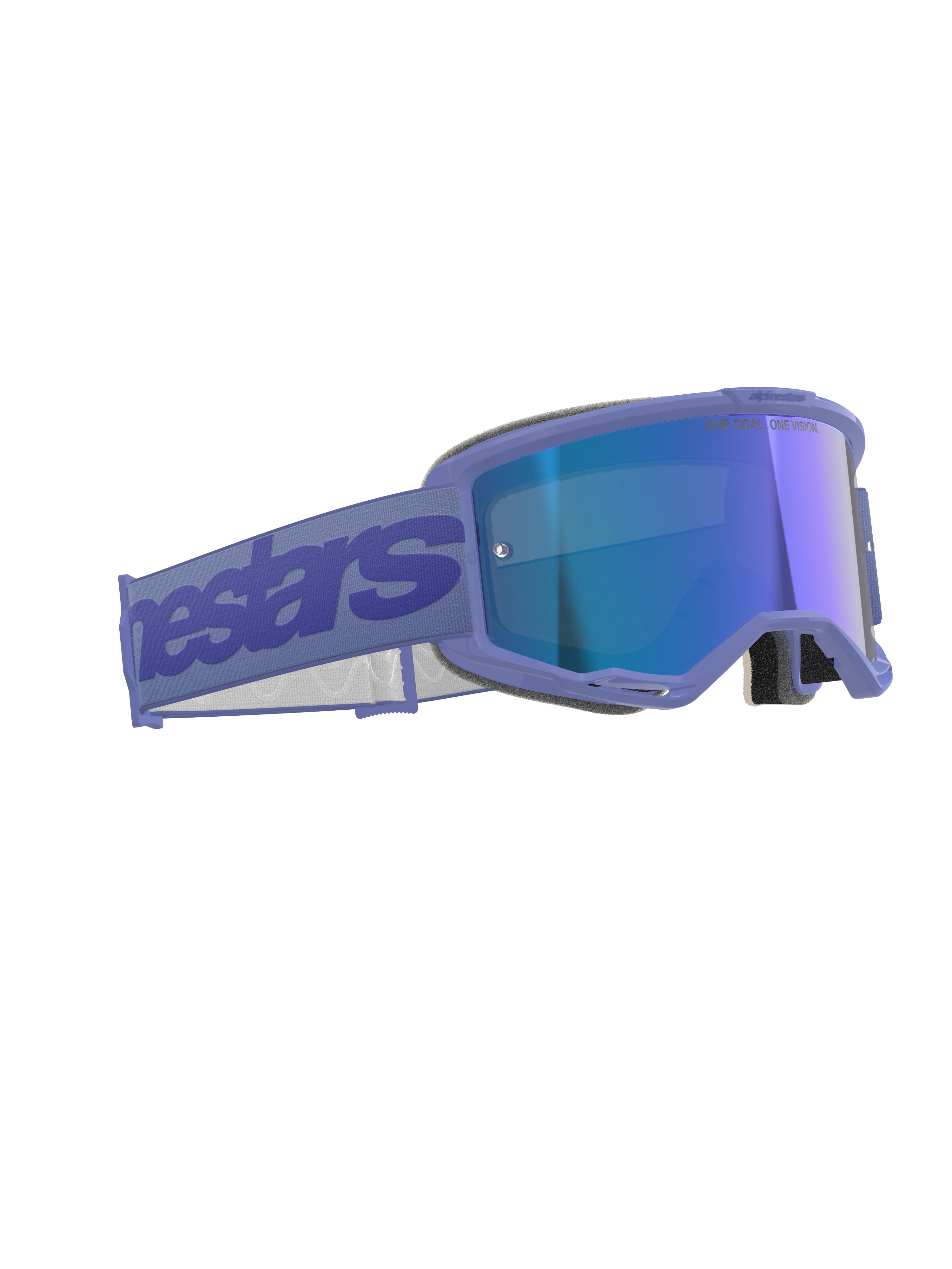 Alpinestars Vision 5 Wordmark Goggles, Motocross Goggles, Purple Mirror Blue, featuring a purple frame with reflective blue lens, wide purple strap with Alpinestars branding, ergonomic design for off-road racing