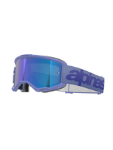 Alpinestars Vision 5 Wordmark Goggles, Motocross-Brille, Purple Mirror Blue, mit lila Rahmen und blau verspiegelter Linse, breitem lila gewebtem Band mit dunkelblauem Schriftzug, professioneller Offroad-Augenschutz.