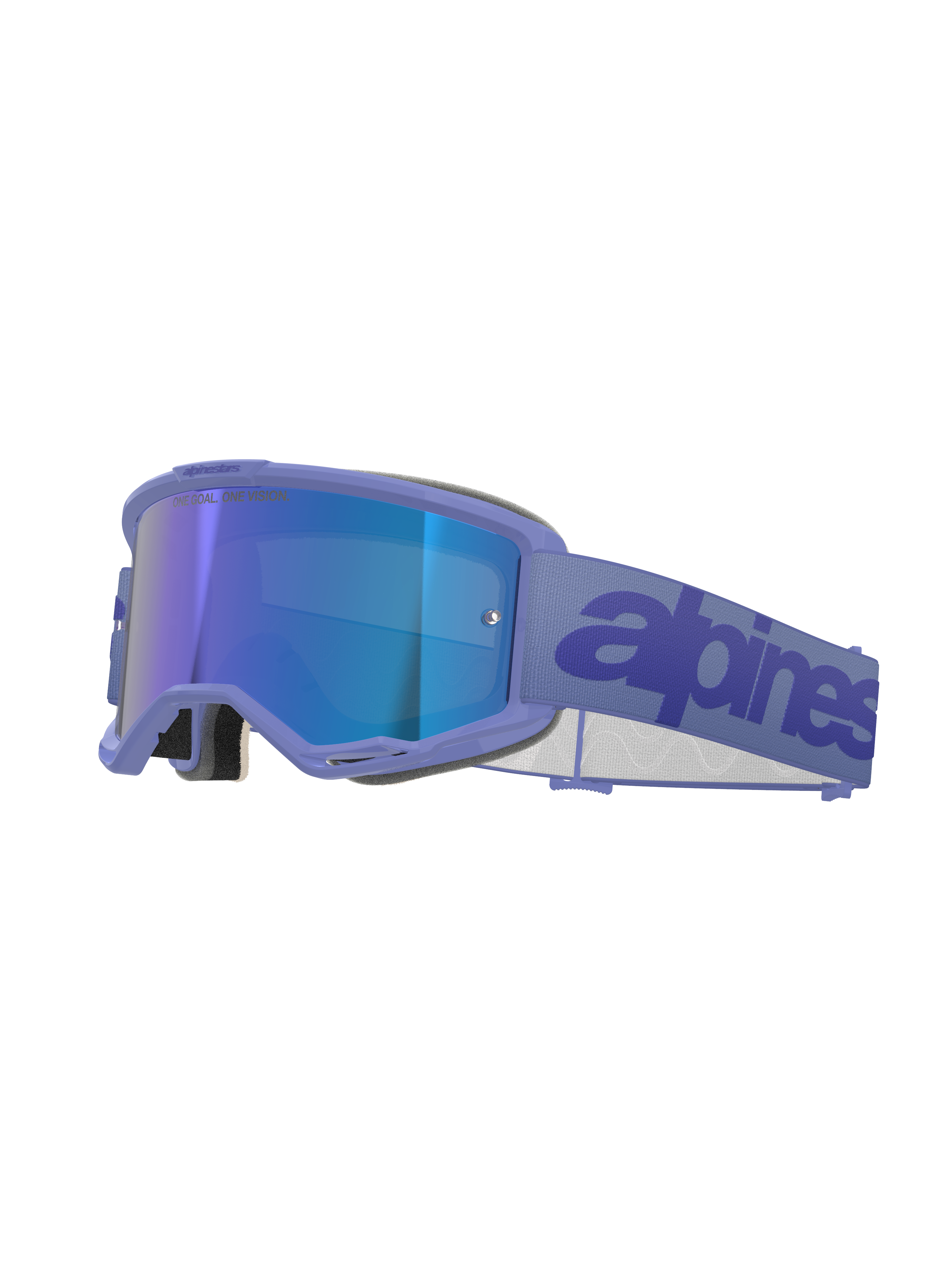 Alpinestars Vision 5 Wordmark Goggles, Motocross-Brille, Purple Mirror Blue, mit lila Rahmen und blau verspiegelter Linse, breitem lila gewebtem Band mit dunkelblauem Schriftzug, professioneller Offroad-Augenschutz.