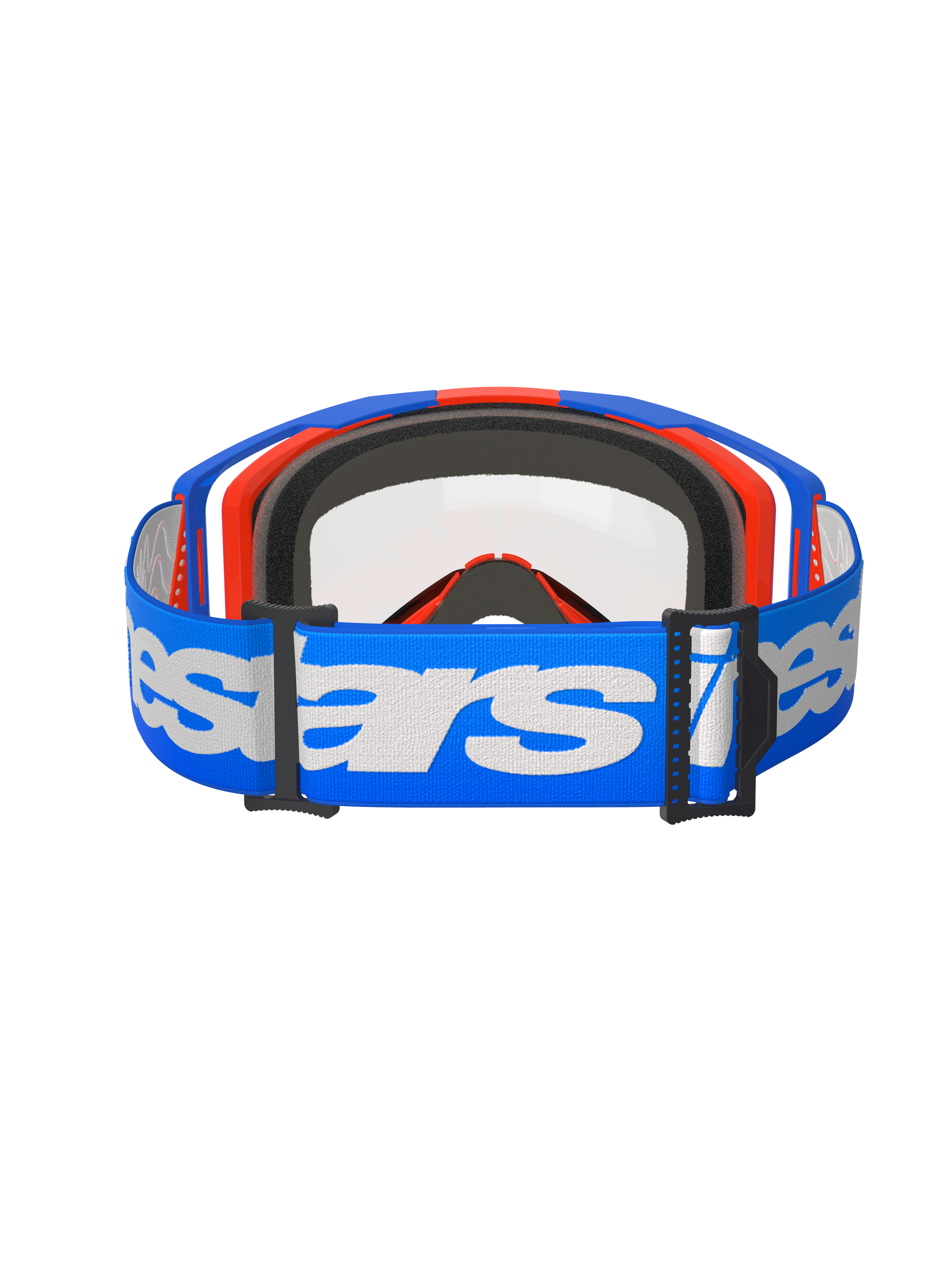 Alpinestars Vision 8 Wordmark Goggles Dual Pane, Motocross Goggles, Blue Orange and Clear, back view featuring a wide blue strap with white Alpinestars wordmark, black multi-layer face foam, and clear dual-pane lens