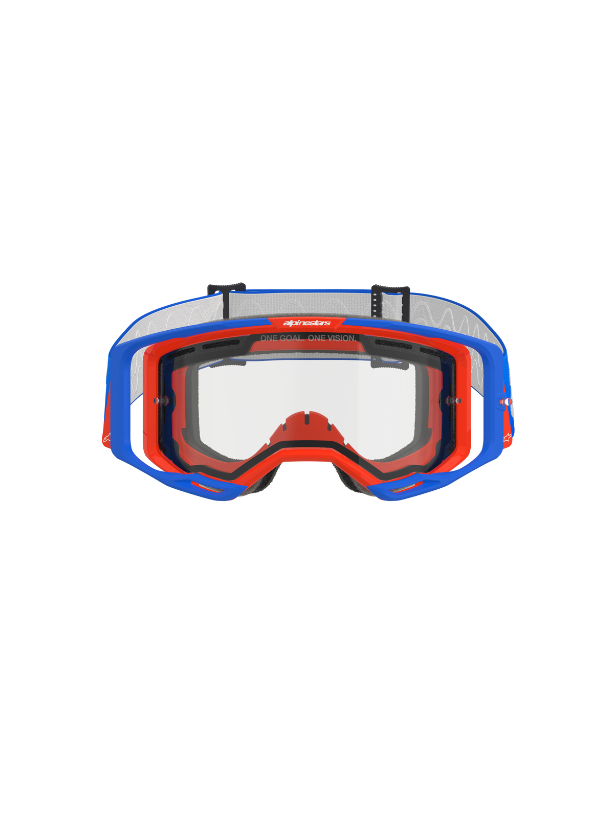 Alpinestars Vision 8 Wordmark Schutzbrille Dual Pane, Motocross-Brille, Blau und Orange mit klarer Linse, Vorderansicht mit A-FLEX-Rahmen und Dual-Pane-Linse, Slogan „ONE GOAL. ONE VISION.“ auf dem oberen Rand, Hochleistungs-Offroad-Rennausrüstung