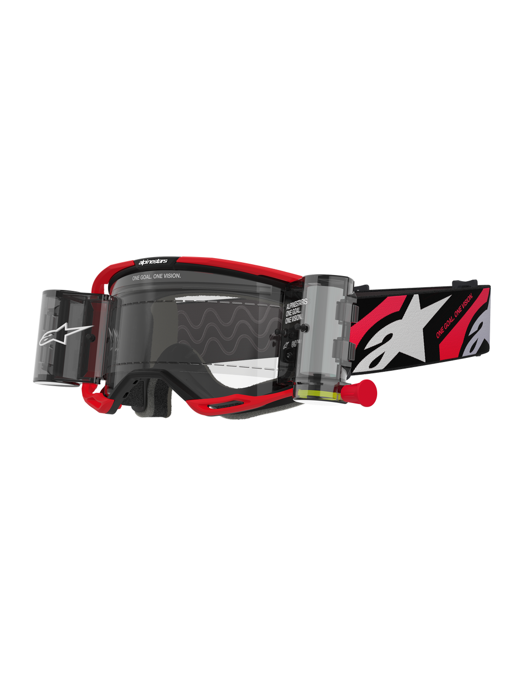 Alpinestars Vision 8 Luar Roll-Off-Brille, Motocross-Brille, Rot und Schwarz, klares Glas mit integriertem Wide-Vision Roll-Off-System, rote Zuglasche, schwarzes Brillenband mit weißem Stern-Logo und 'ONE GOAL ONE VISION'-Grafiken