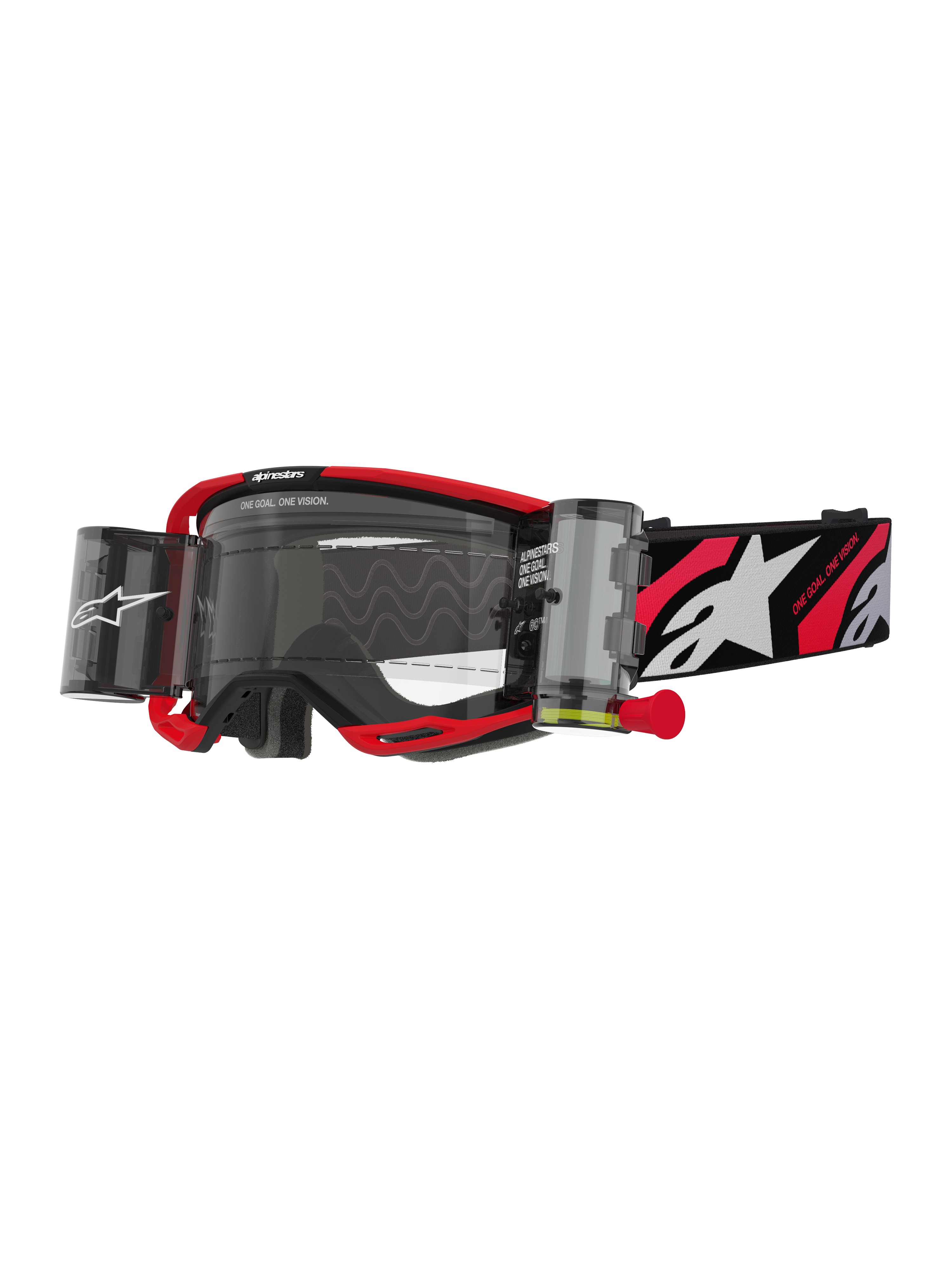 Alpinestars Vision 8 Luar Roll-Off-Brille, Motocross-Brille, Rot und Schwarz, klares Glas mit integriertem Wide-Vision Roll-Off-System, rote Zuglasche, schwarzes Brillenband mit weißem Stern-Logo und 'ONE GOAL ONE VISION'-Grafiken