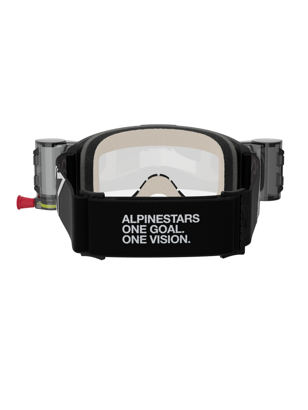 Alpinestars Vision 5 Corp Roll-Off Brille, Motocross-Brille, Schwarz und Klar, Rückansicht mit breitem schwarzem Band mit „ALPINESTARS ONE GOAL. ONE VISION.“-Schriftzug, Roll-Off-System-Behältern und komfortablem mehrschichtigem Gesichtsschaum