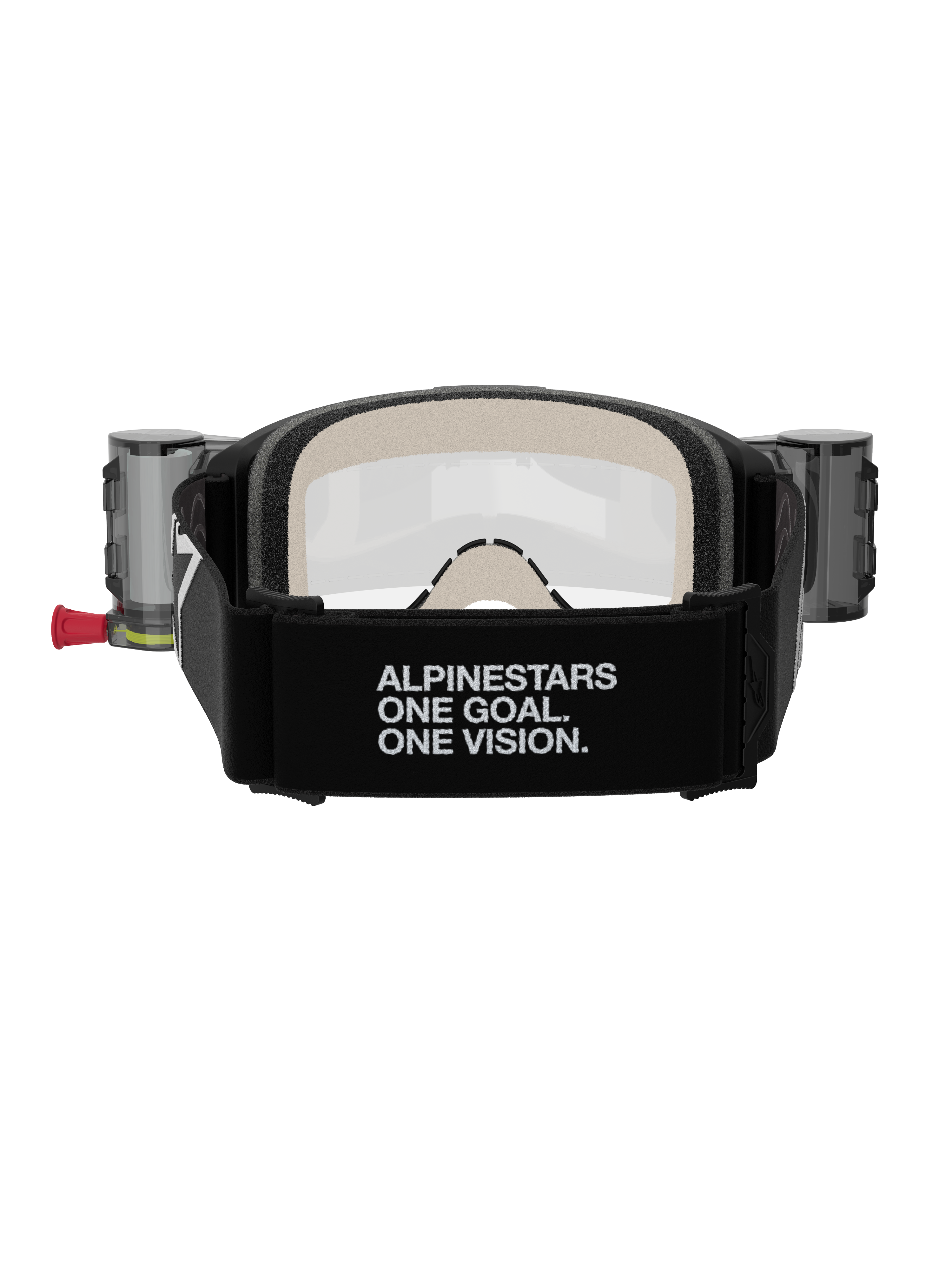 Alpinestars Vision 5 Corp Roll-Off Brille, Motocross-Brille, Schwarz und Klar, Rückansicht mit breitem schwarzem Band mit „ALPINESTARS ONE GOAL. ONE VISION.“-Schriftzug, Roll-Off-System-Behältern und komfortablem mehrschichtigem Gesichtsschaum