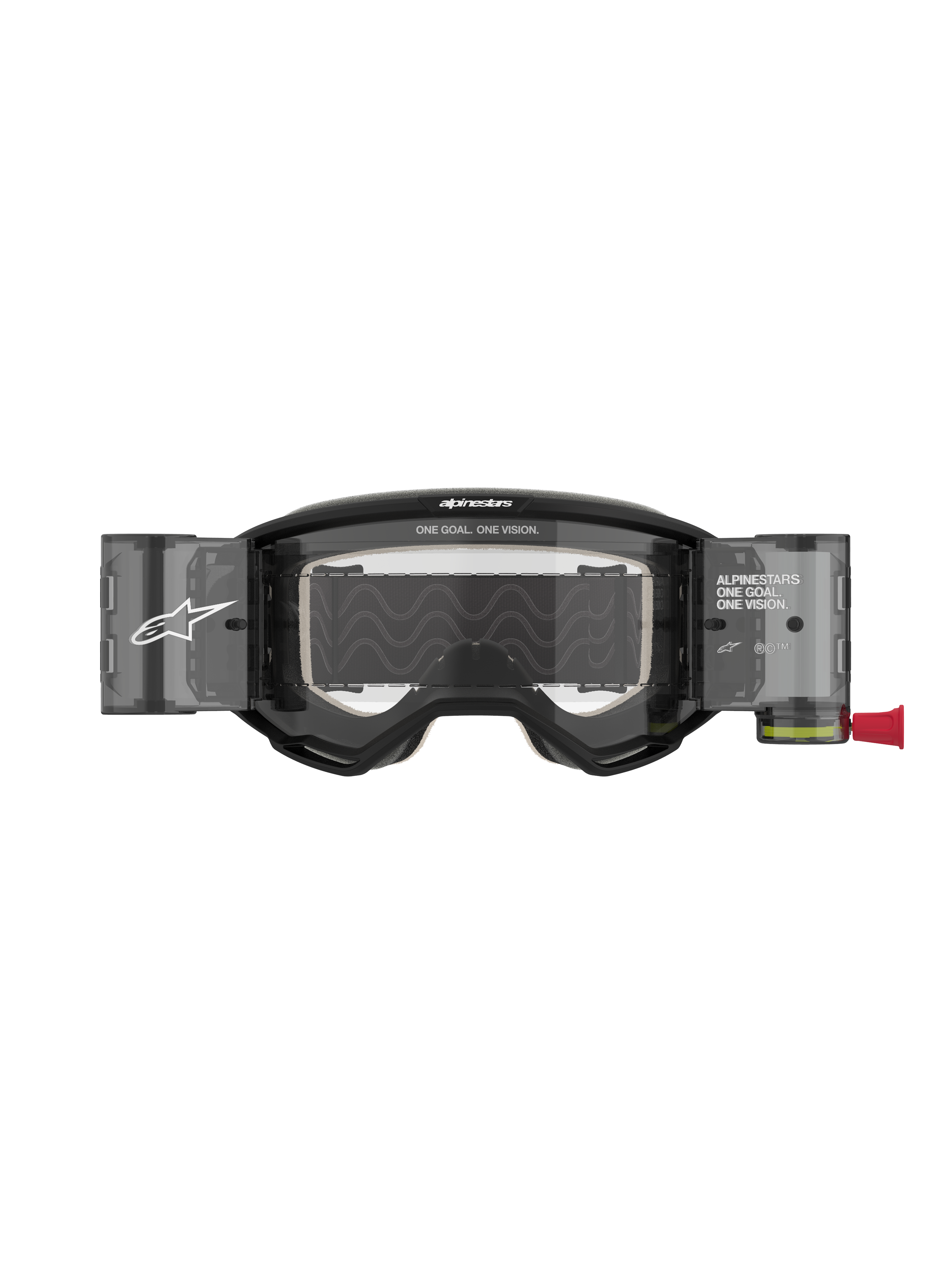 Alpinestars Vision 5 Corp Roll-Off Brille, Motocross-Brille, Schwarz mit klarer Linse, integrierte Wide Vision Roll-Off-System-Behälter, Antibeschlag-Polycarbonat-Linse, A-FLEX Urethan-Rahmen und markantes Alpinestars-Branding.