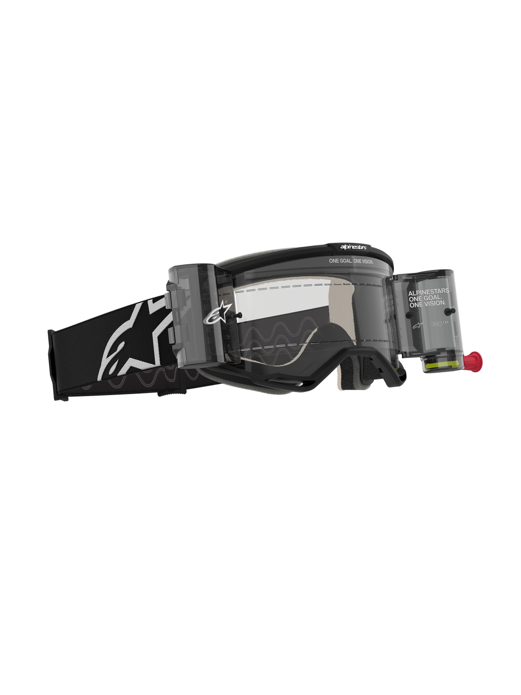 Alpinestars Vision 5 Corp Roll-Off Brille, Motocross-Brille, Schwarz mit klarer Linse, ausgestattet mit Wide Vision Roll-Off-System inklusive Kanistern und Film, schwarzes gewebtes Band mit weißem Alpinestars-Logo, leistungsstarker Augenschutz für den Offroad-Rennsport.
