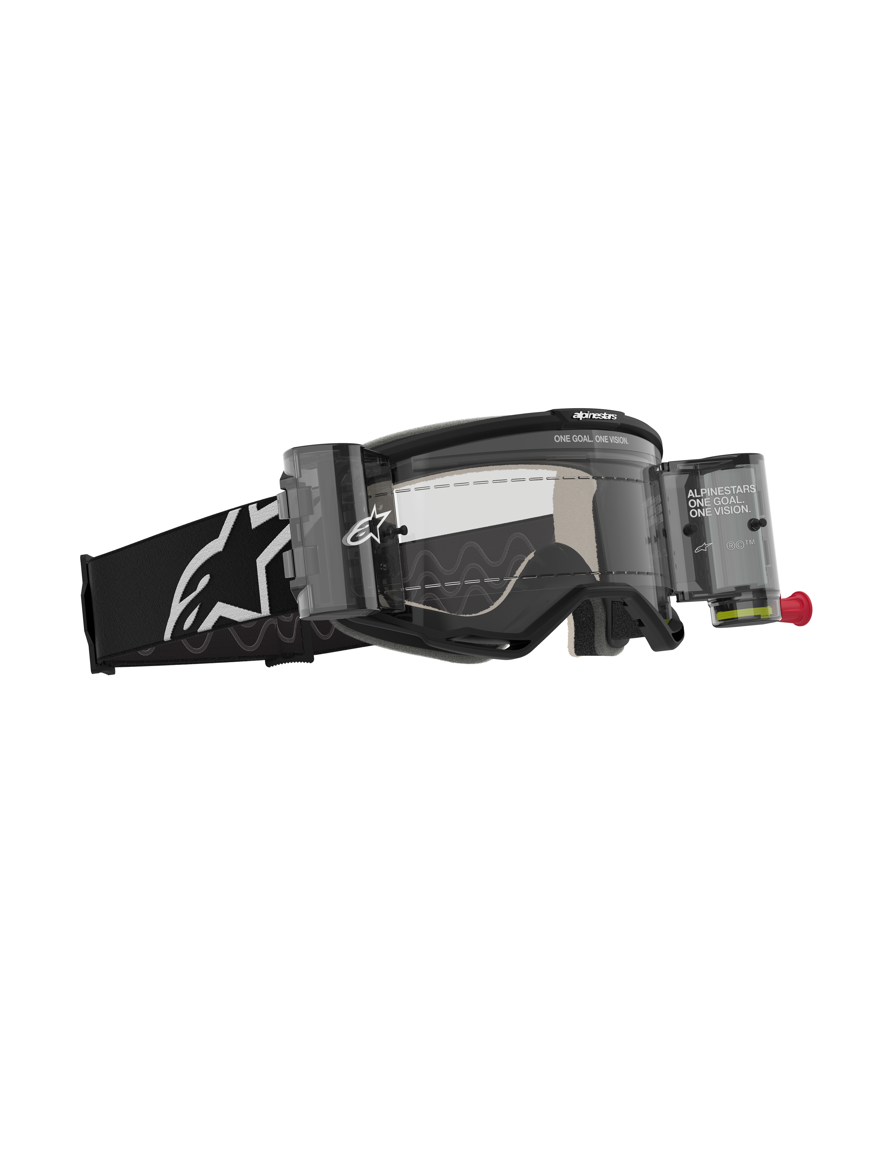 Alpinestars Vision 5 Corp Roll-Off Brille, Motocross-Brille, Schwarz mit klarer Linse, ausgestattet mit Wide Vision Roll-Off-System inklusive Kanistern und Film, schwarzes gewebtes Band mit weißem Alpinestars-Logo, leistungsstarker Augenschutz für den Offroad-Rennsport.