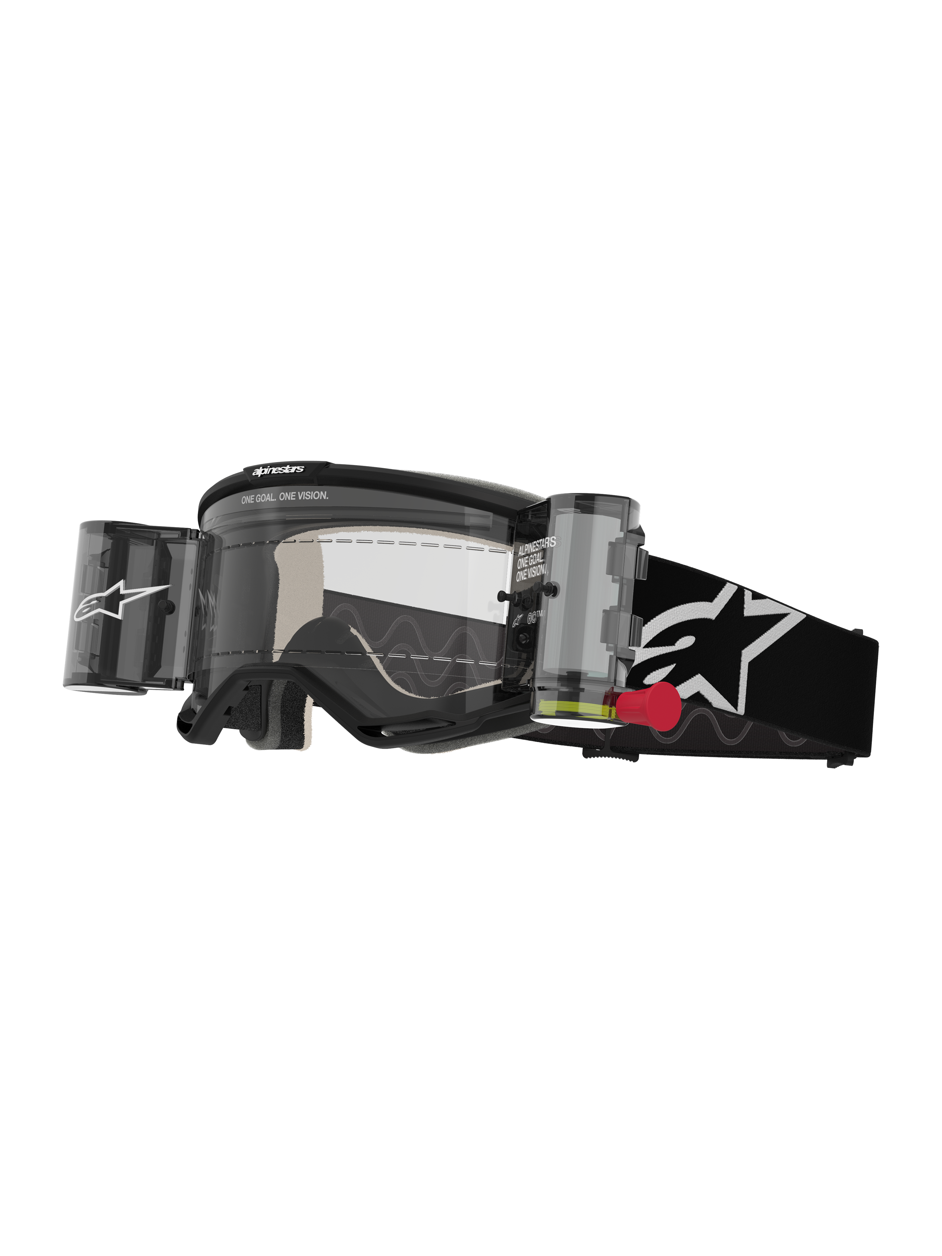 Alpinestars Vision 5 Corp Goggles Roll Off, Motocross-Brille, Schwarz und Weiß, klare Linse mit integriertem Wide Vision Roll-Off-System, rote Zuglasche, schwarzes Band mit weißem Stern-Logo, ONE GOAL ONE VISION-Branding