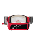 Alpinestars Vision 5 Blaze Roll-Off Brille, Rot und Schwarz, Rückansicht mit breitem, gewebtem Band, weißem Branding und schwarzem Logo-Patch, dicker mehrstufiger Gesichtsschaum und Wide Vision Roll-Off-System-Behälter an den Seiten, Motocross-Schutzausrüstung