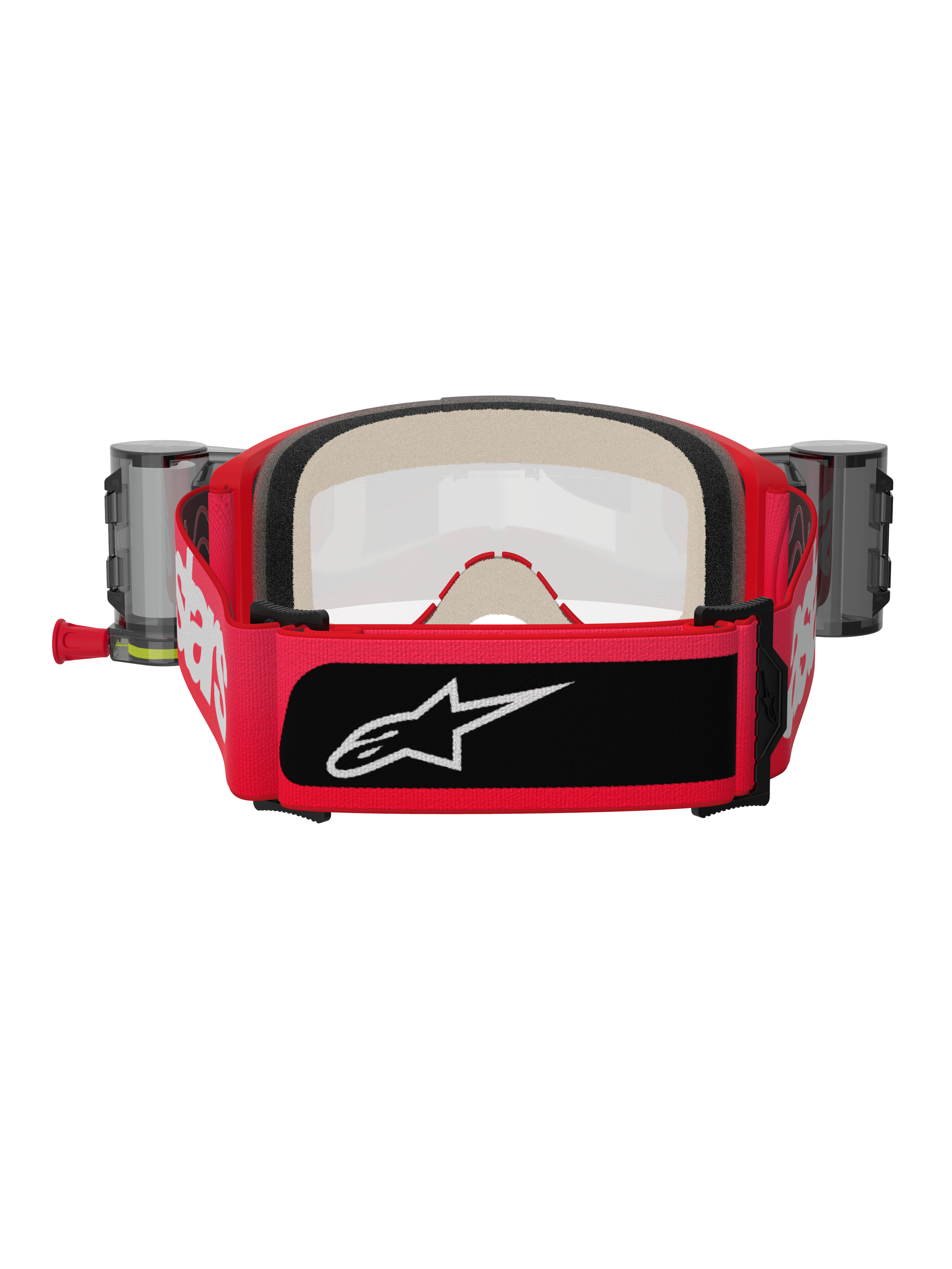 Alpinestars Vision 5 Blaze Roll-Off Brille, Rot und Schwarz, Rückansicht mit breitem, gewebtem Band, weißem Branding und schwarzem Logo-Patch, dicker mehrstufiger Gesichtsschaum und Wide Vision Roll-Off-System-Behälter an den Seiten, Motocross-Schutzausrüstung