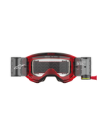 Alpinestars Vision 5 Blaze Roll-Off Brille, Motocross-Brille, roter Rahmen mit klarer Linse, integriertes Wide Vision Roll-Off-System mit seitlichen Behältern, 'ONE GOAL. ONE VISION.' Branding auf dem Rahmen und der Linse, professioneller Offroad-Augenschutz